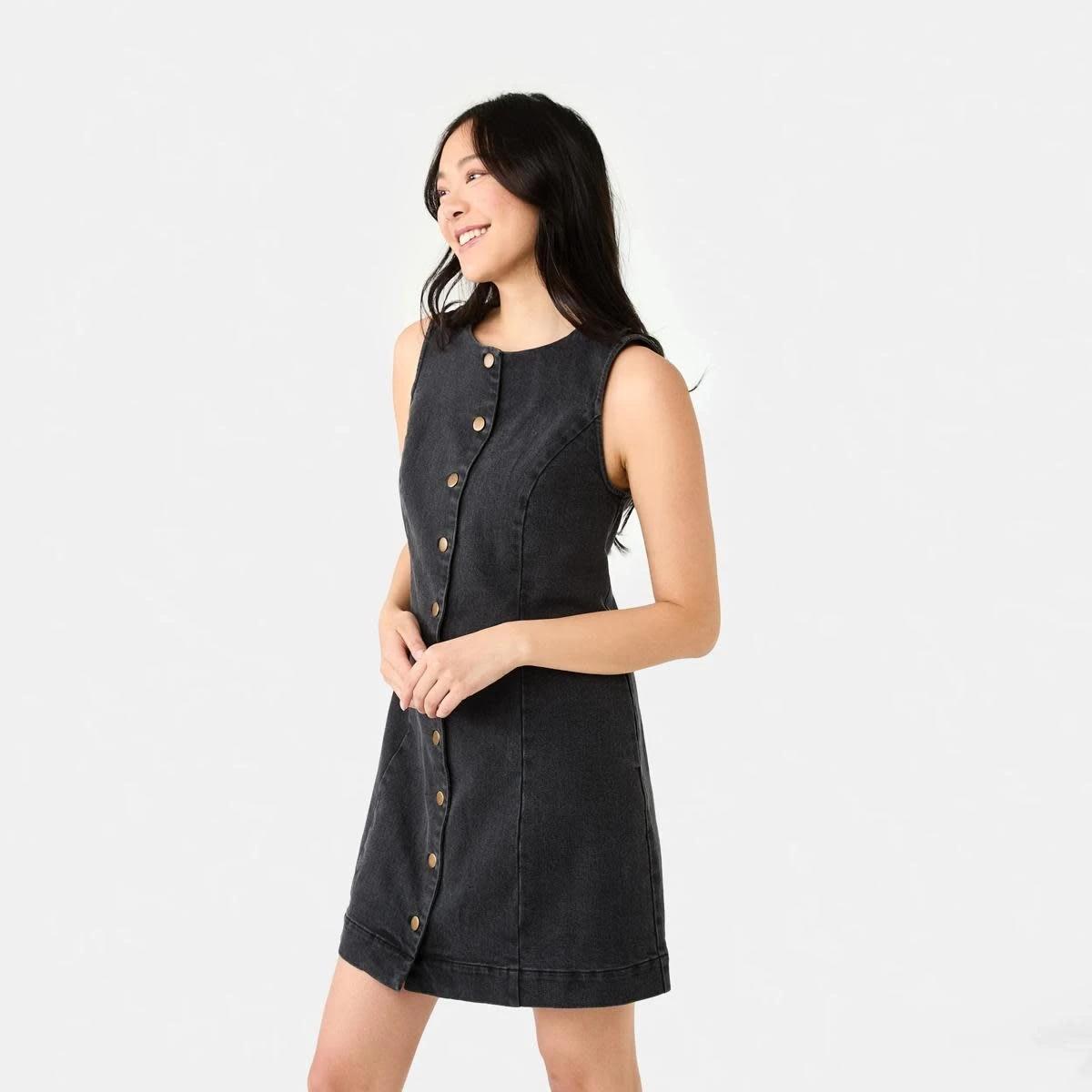 3 Sleeveless Boat Neck Denim Mini Dress BLACK WASH, 3 of 8