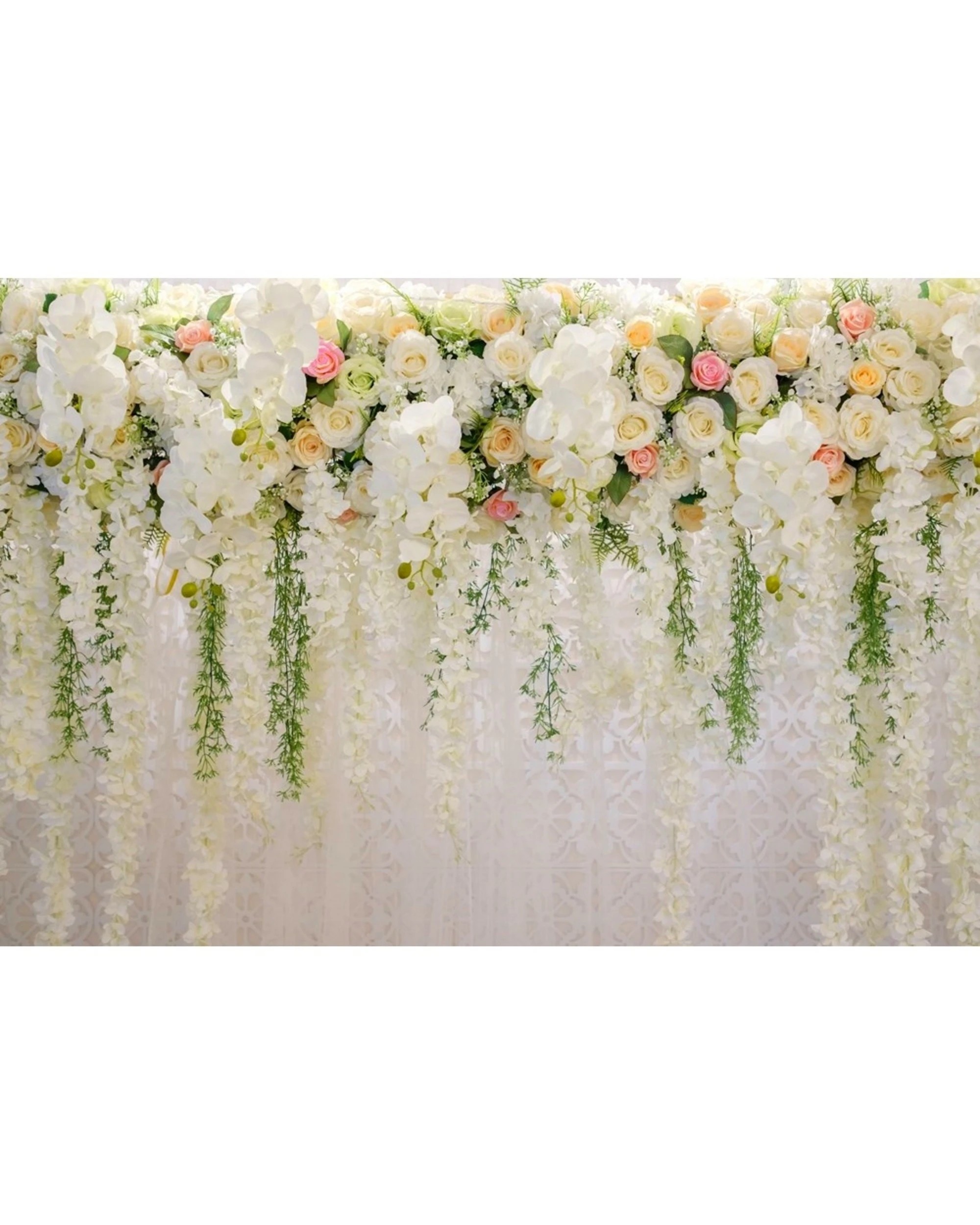 1 Partyrama White Lace Floral Curtain Large Printed Fabric Backdrop, 1 of 3