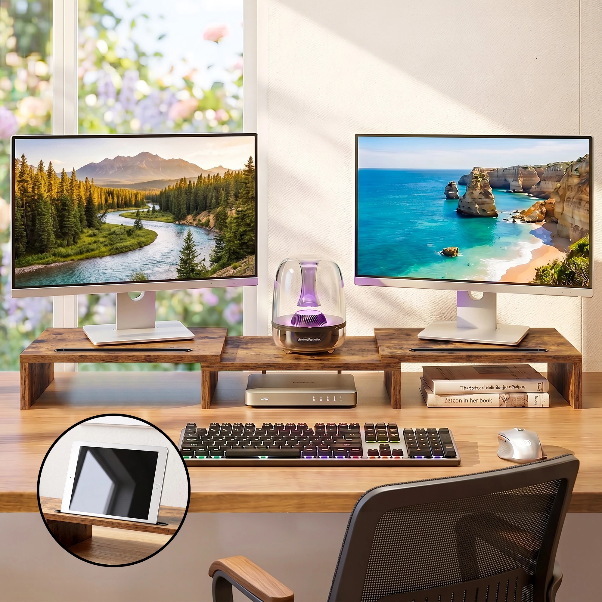 7 Artiss Dual Monitor Stand Riser Rotating Extendable Desk Organizer Laptop Screen - Brown, 7 of 7