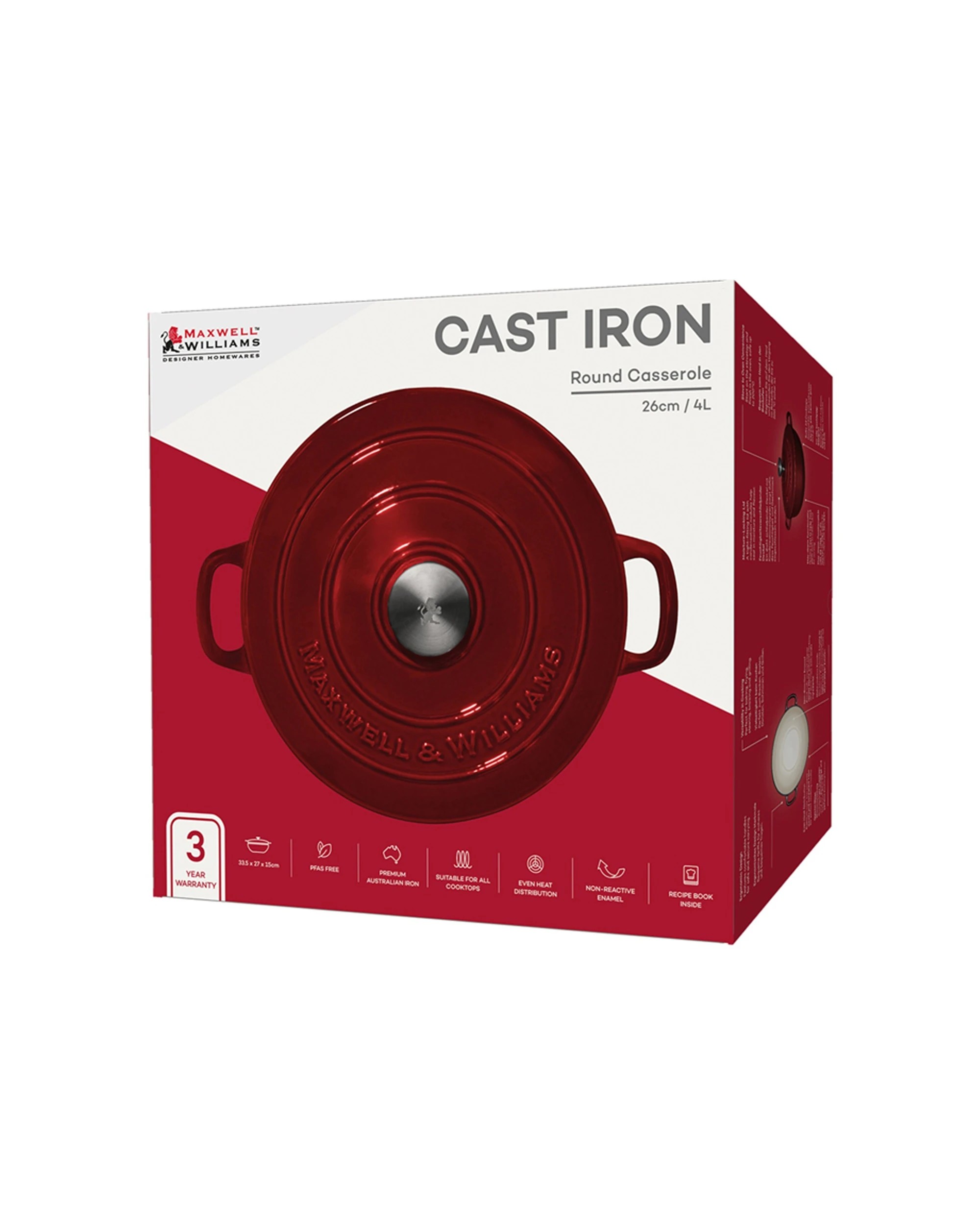 4 Maxwell & Williams Cast Iron Round Casserole 4l 26cm Stove To Oven Cookware
 - Burgundy, 4 of 4