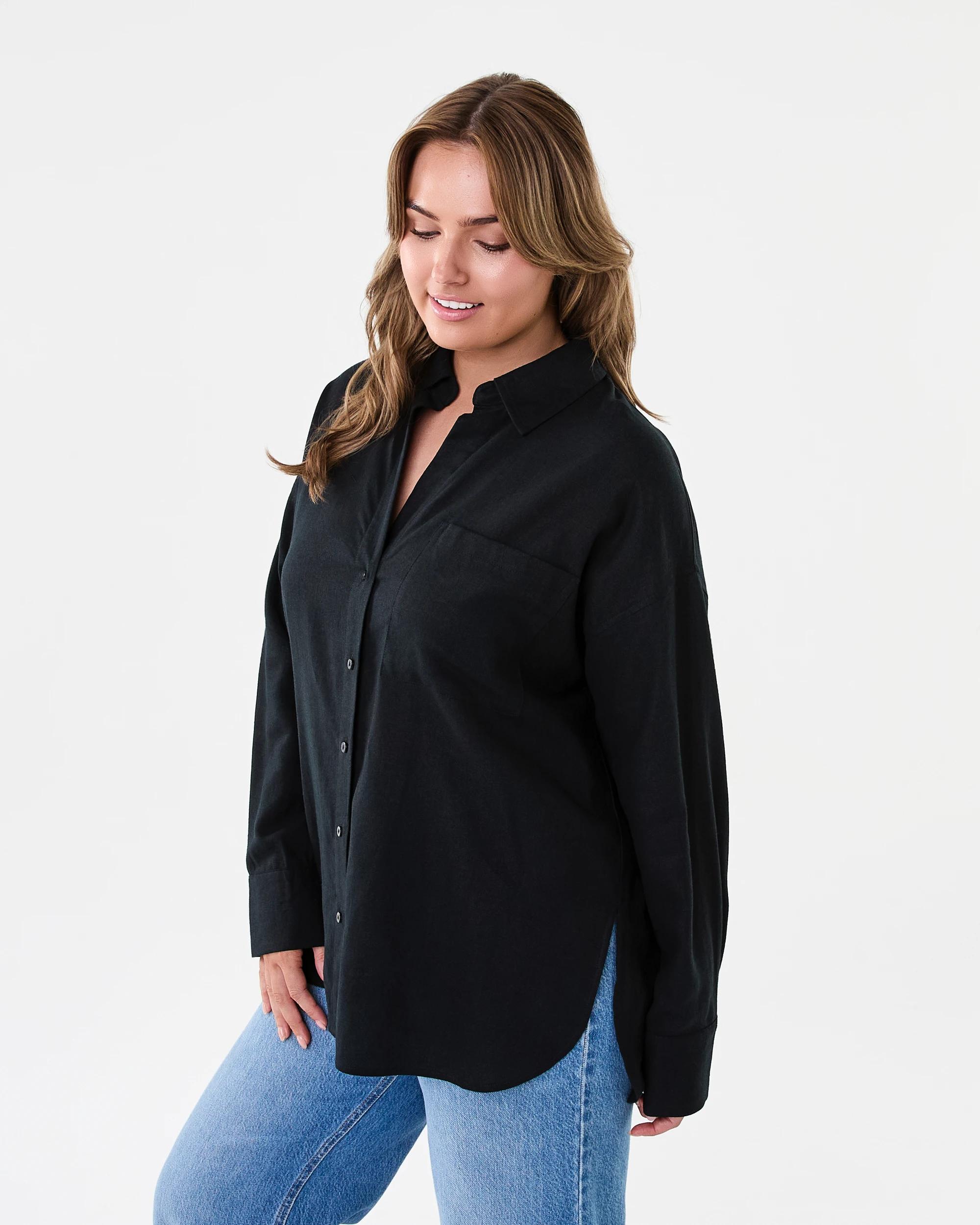 2 Long Sleeve Oversized Linen Blend Shirt Black, 2 of 8