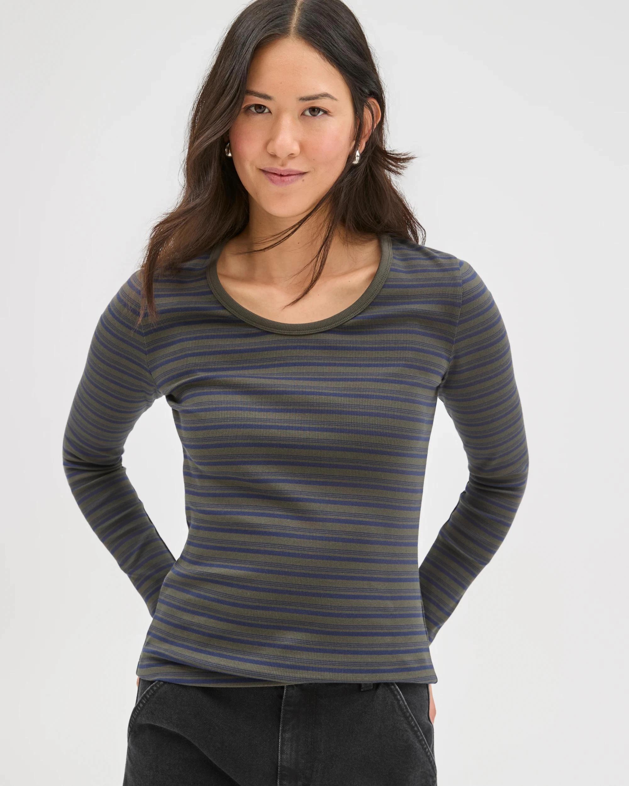 1 Target Woman Australian Cotton Long Sleeve Scoop Neck Rib T-Shirt OREGANO/NAVY BLAZER STRIPE, 1 of 7