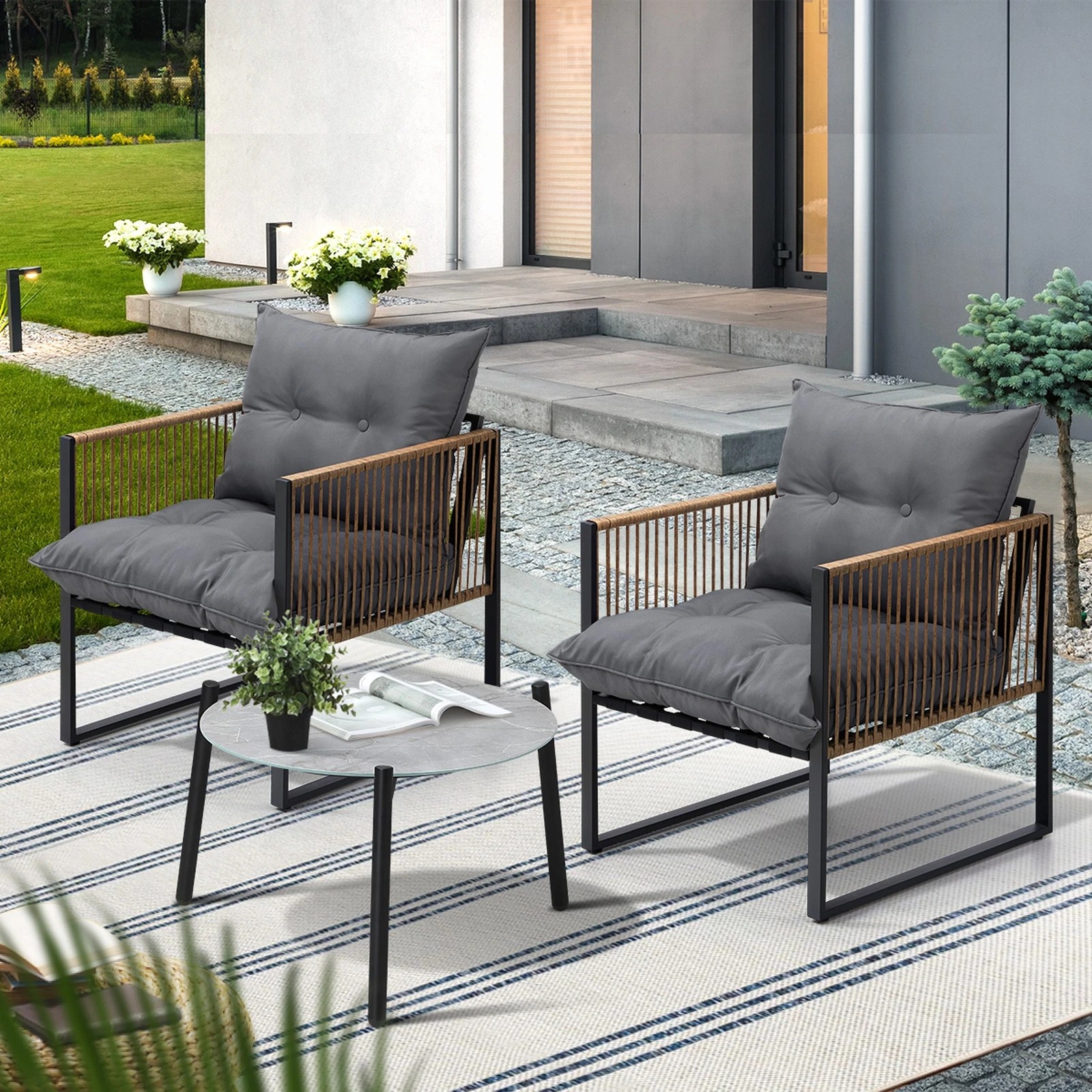 3 Livsip Outdoor Patio Set Furniture Grey 50cm Coffee Table Rattan Chairs 3pcs
 - Multi, 3 of 10