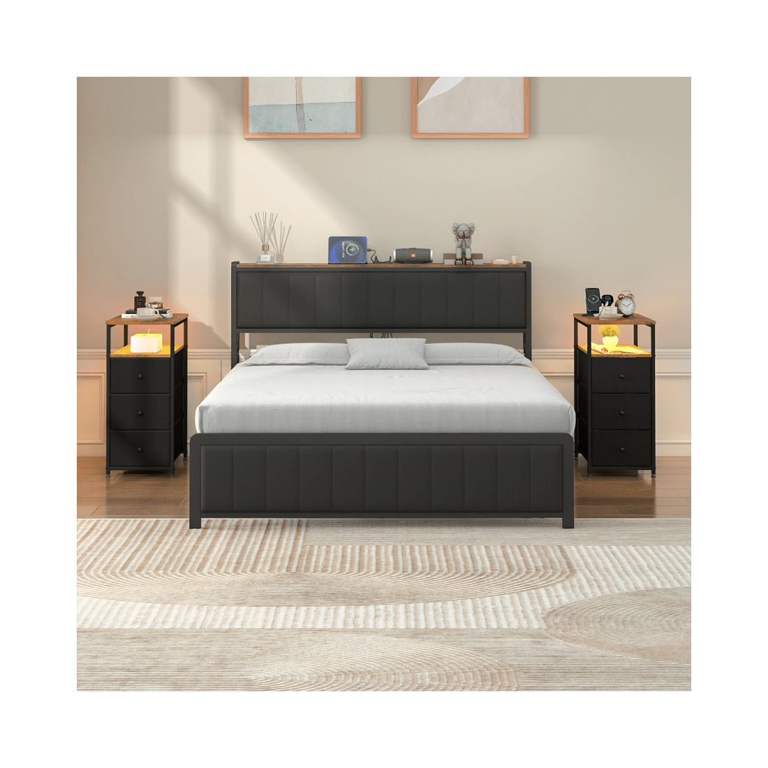 4 Advwin LED End Table Sofa Side Table with Charging Station and Drawers Narrow Bedside Table, 4 of 10