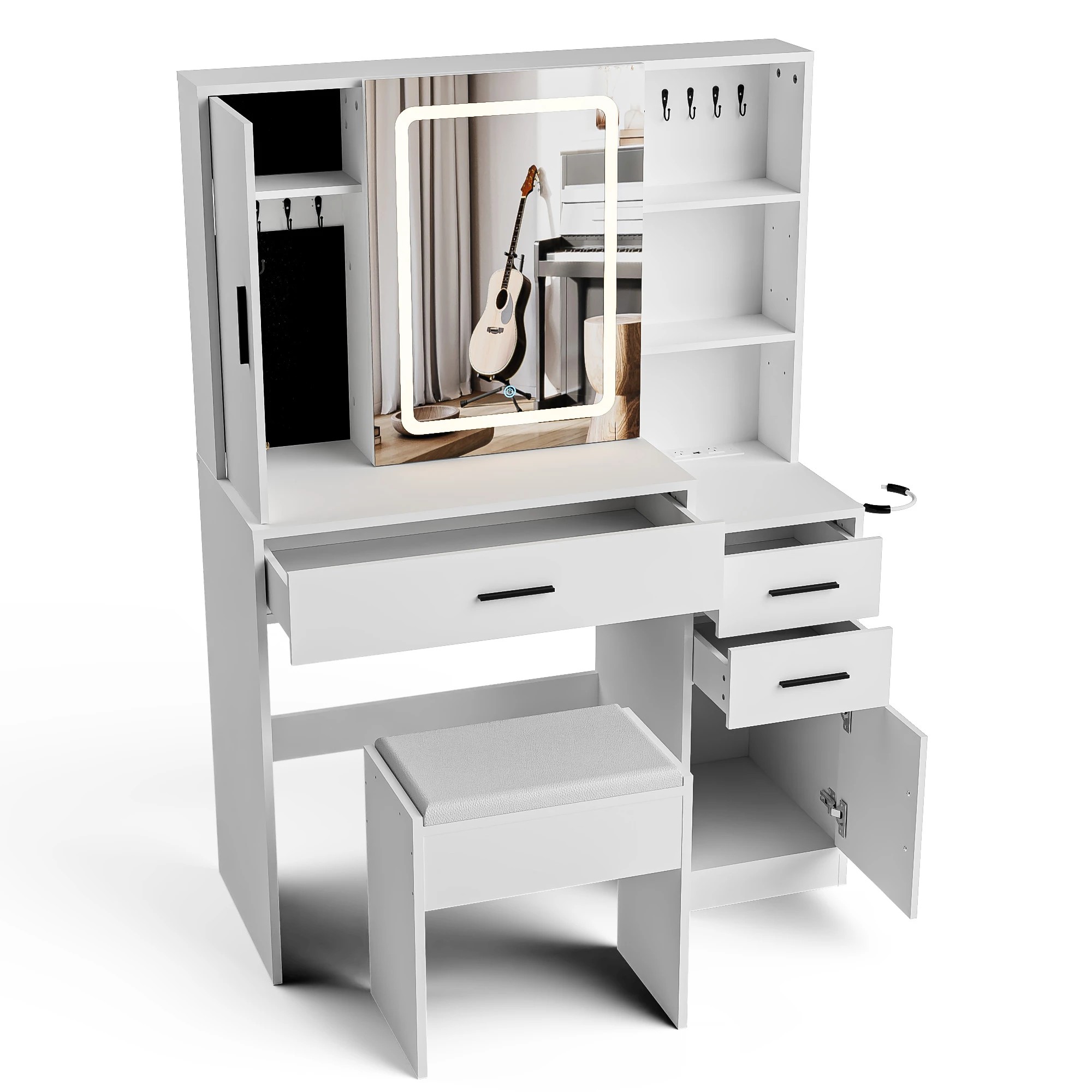 3 Advwin Dressing Table Stool Set With Mirror Led Lights Jewelry Armoire, 3 of 9