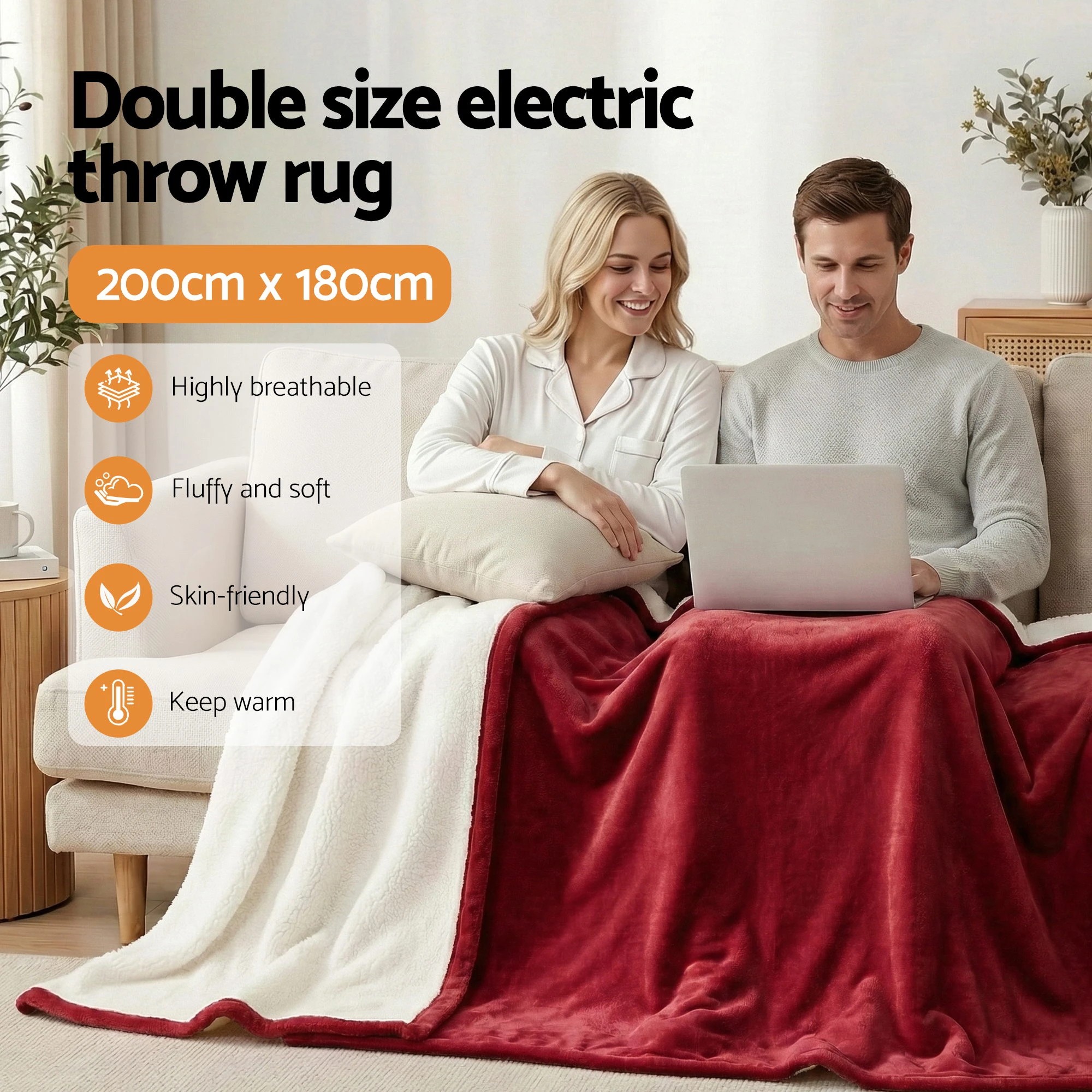 2 Giselle Electric Throw Rug Double Size 200x180cm Fleece Flannel Heated Blanket - Burgundy, 2 of 8