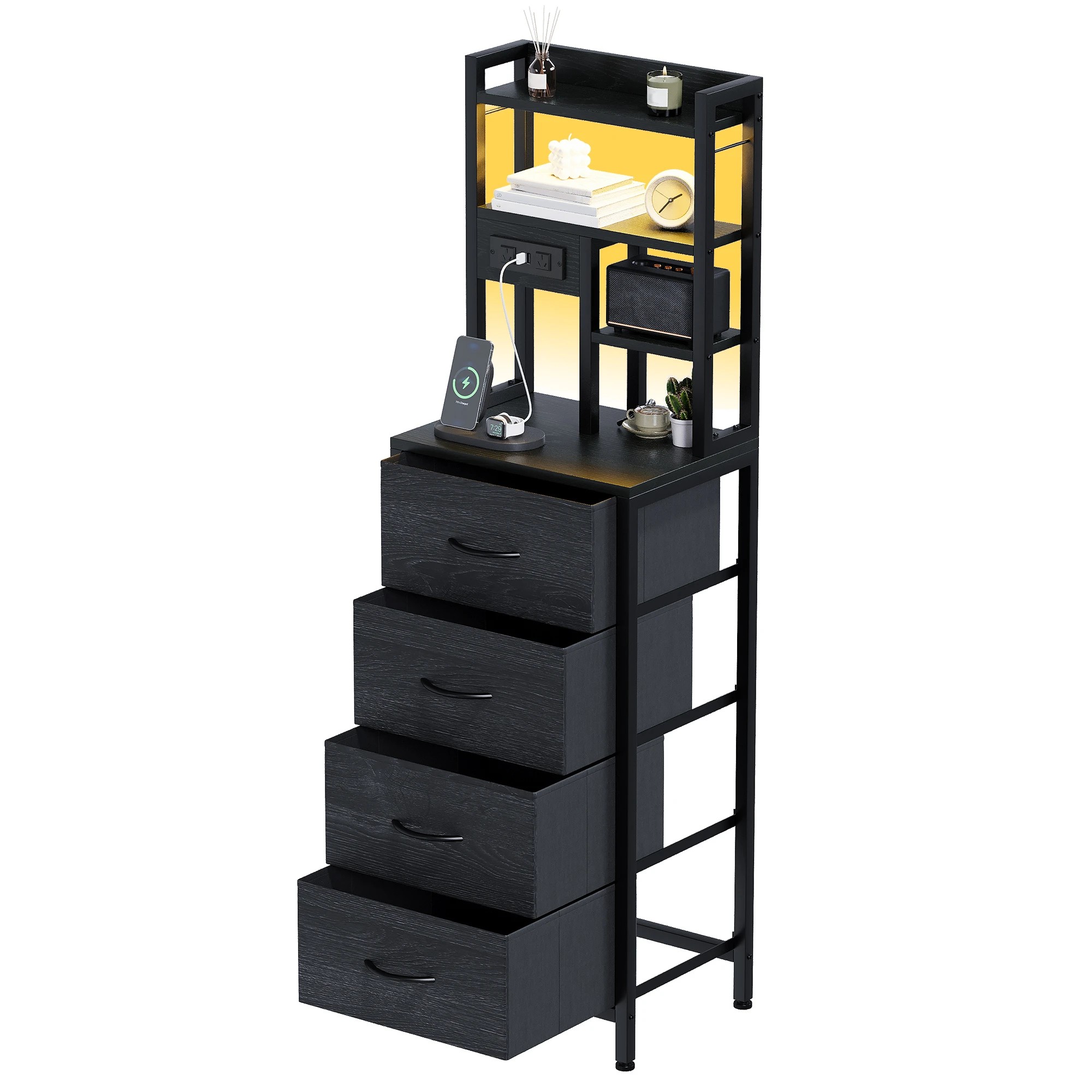 4 Advwin Set of 2 LED Tall Bedside Table with Charging Station 4 Drawers Open Shelves - Black, 4 of 7