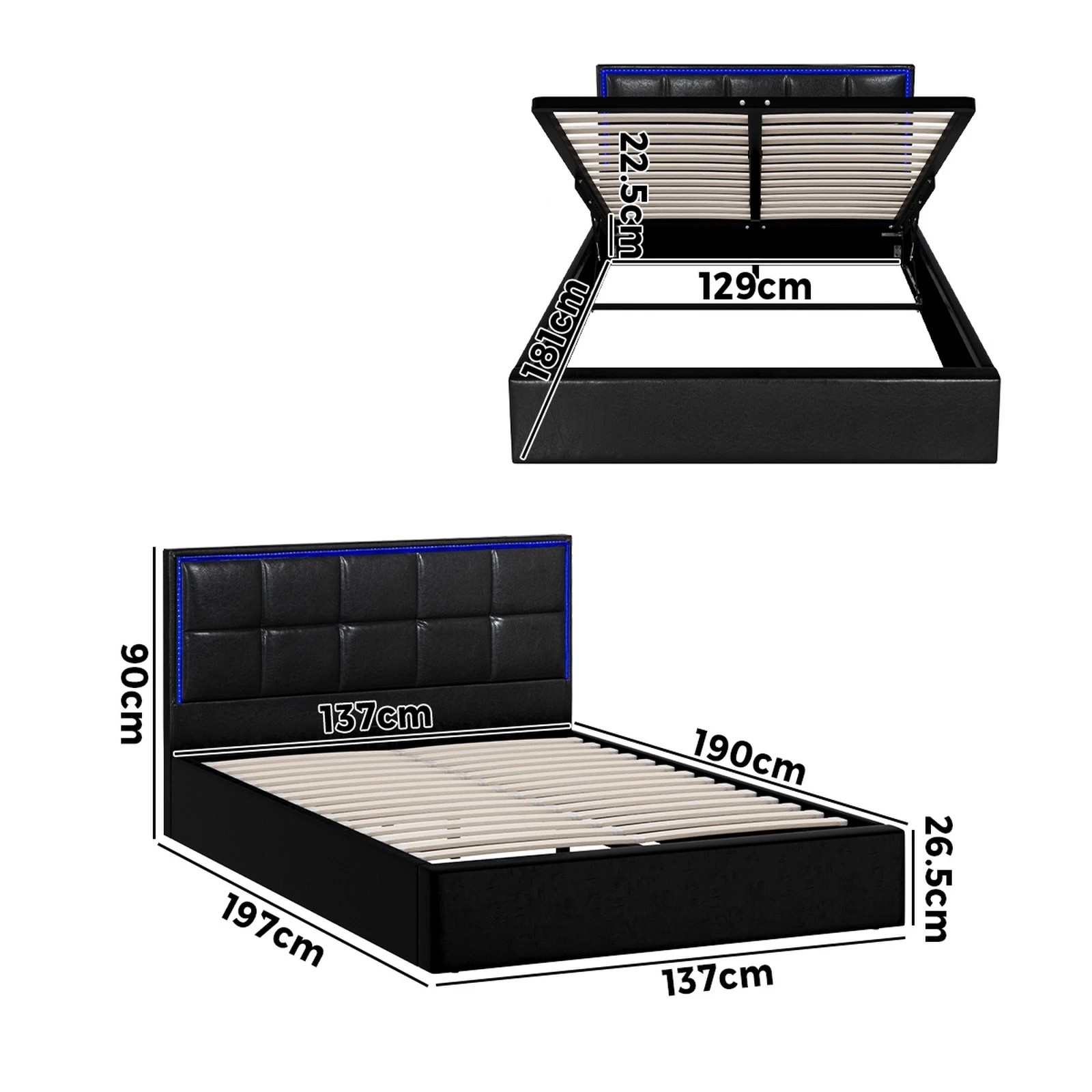 2 Oikiture Bed Frame Double Size RGB LED Gas Lift Storage Base Leather - Black, 2 of 9