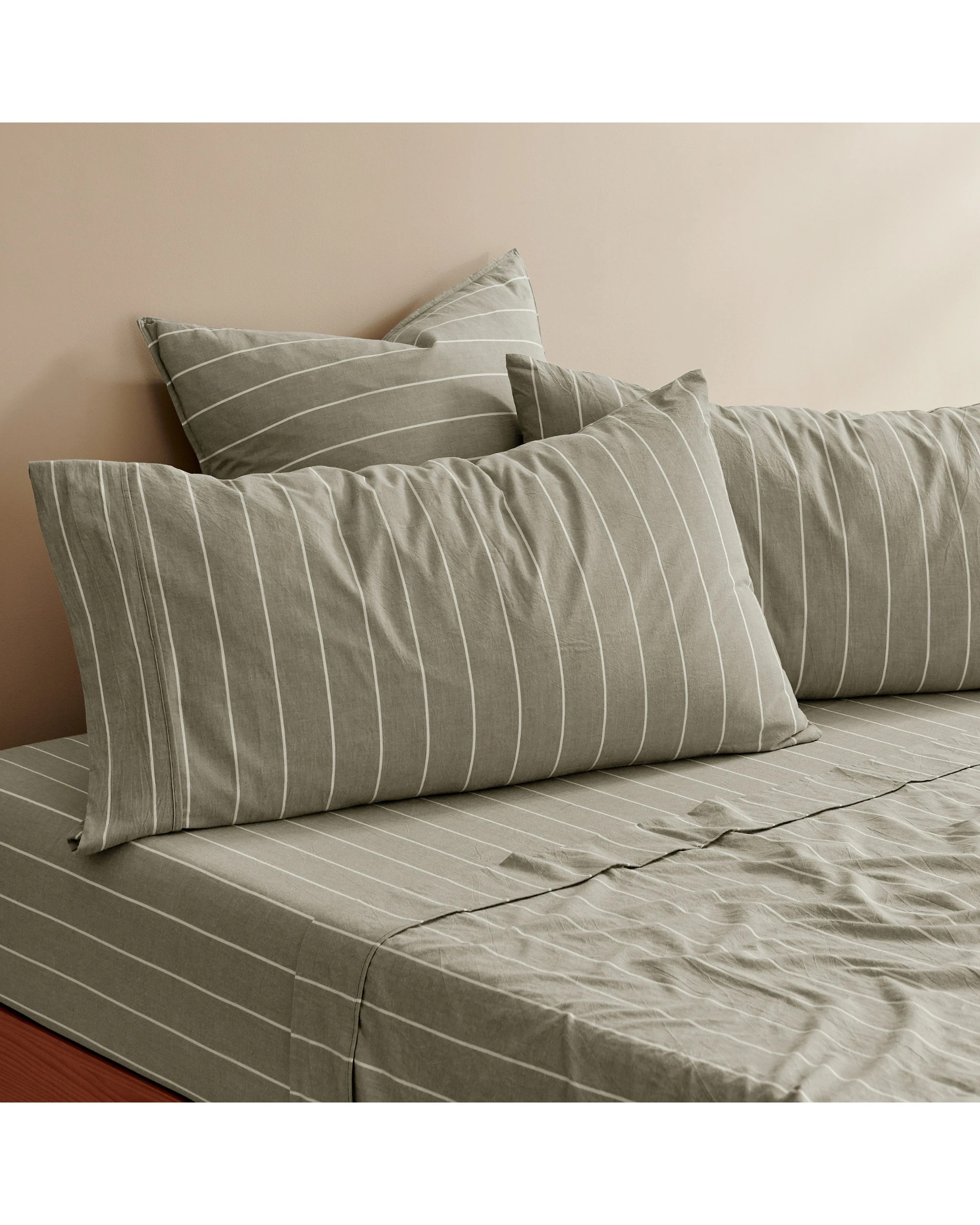 4 Dreamaker Rumi Stripe Washed Cotton King Pillowcase Twin Pack - Olive with White, 4 of 4