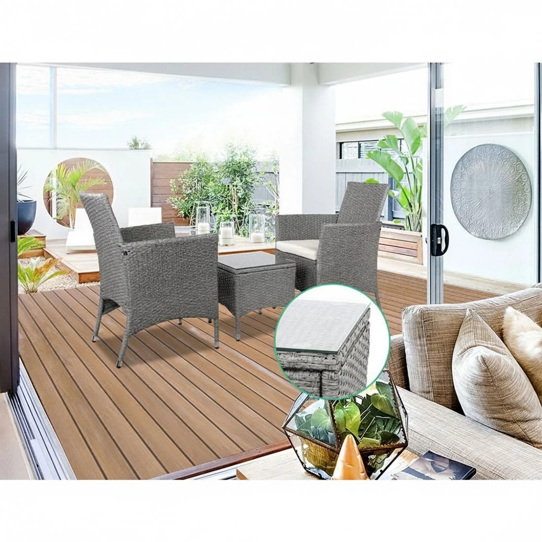 4 Gardeon 3PC Outdoor Bistro Set Patio Furniture Wicker Setting Chairs Table Cushion - Grey, 4 of 9