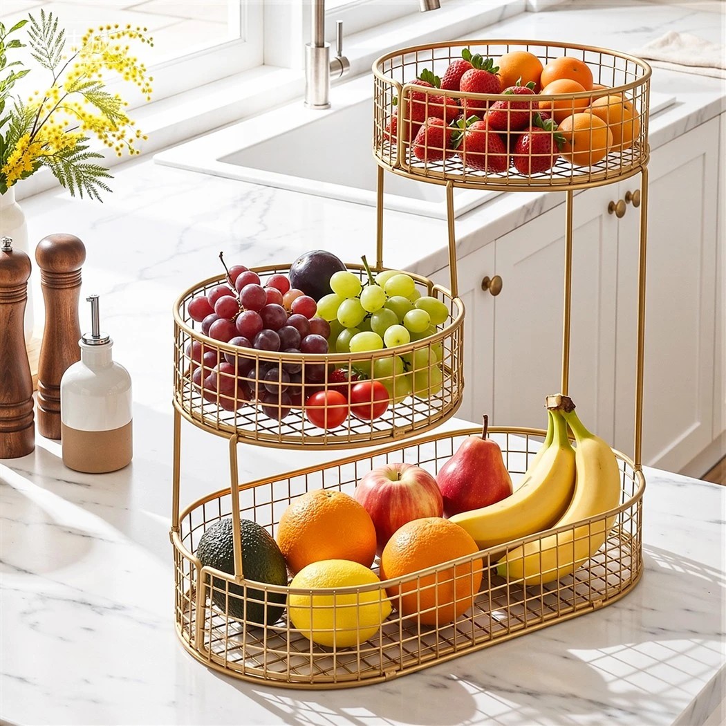 2 5-Star Chef 3 Tier Fruit Basket Bowl Space Saving Kitchen Food Storage Organiser Golden - Gold, 2 of 7