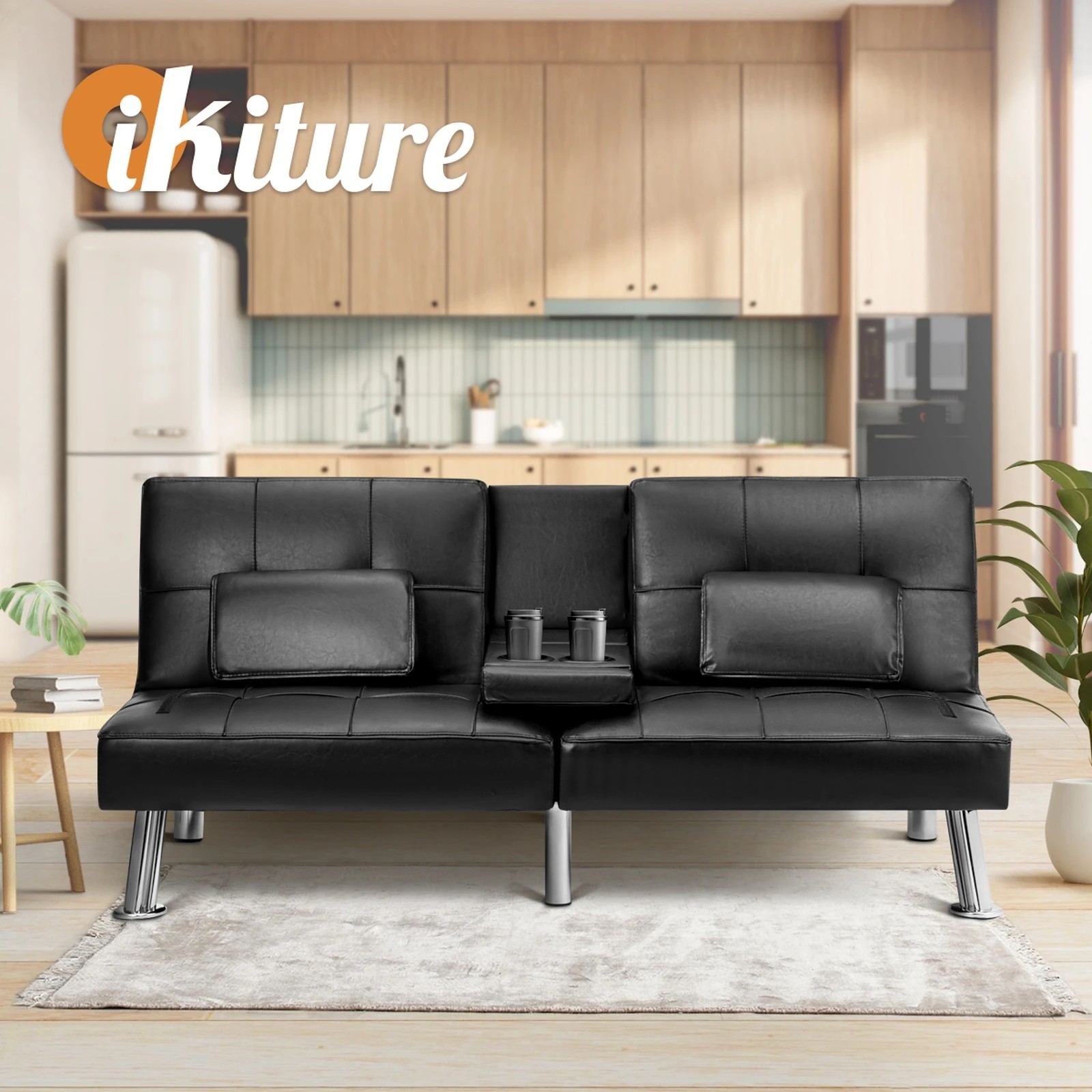 7 Oikiture Sofa Bed Lounge Leather 3 Seater Futon Couch Beds Sofabeds Cup Holder
 - Black, 7 of 10