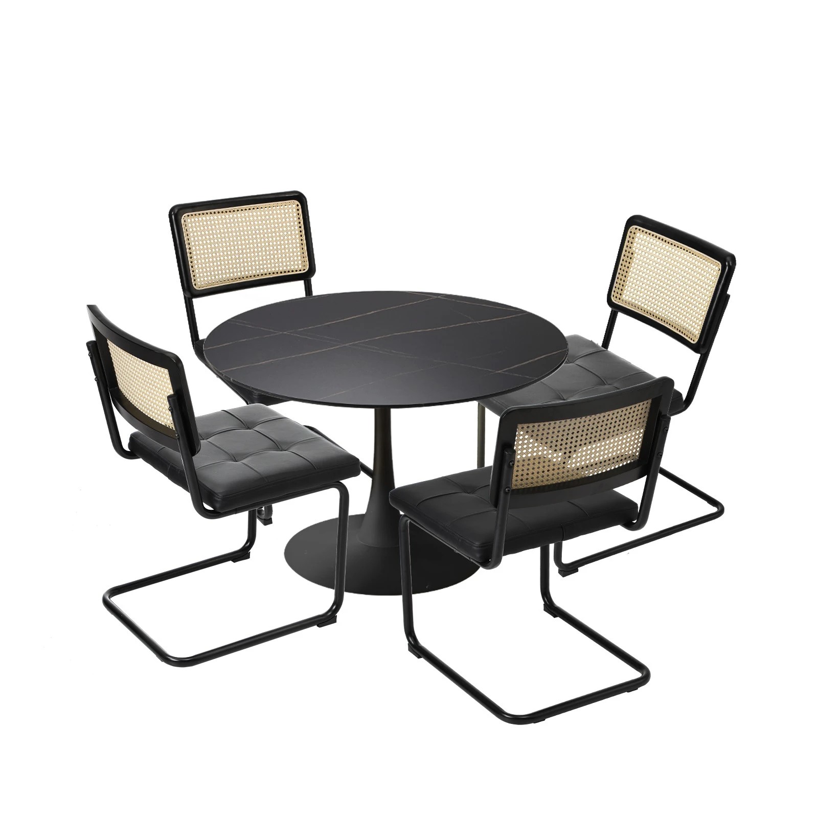 1 Oikiture 90cm Round Dining Table with 4PCS Dining Chairs PU Leather - Black, 1 of 9