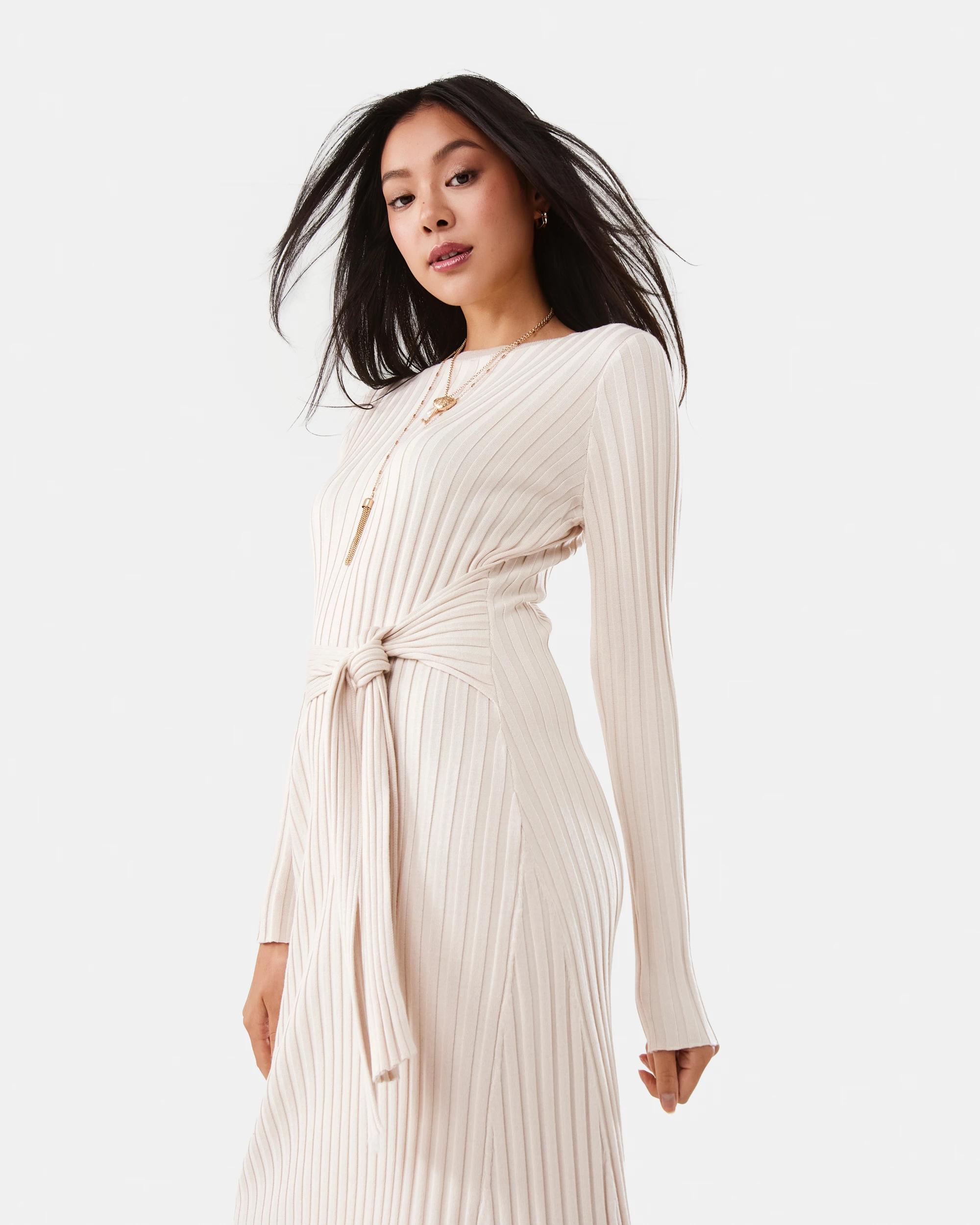 4 Long Sleeve Waist Tie Maxi Dress Nat Beige, 4 of 7