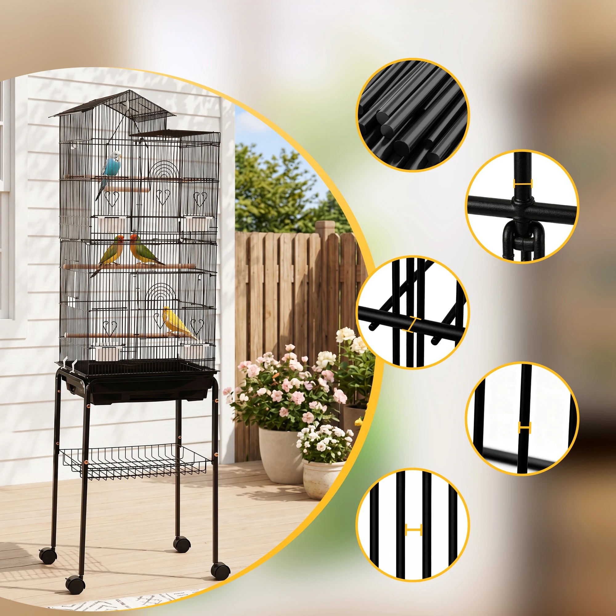 6 i.Pet 158cm Bird Cage Aviary Parrot Budgie Stand Wheels - Black, 6 of 9
