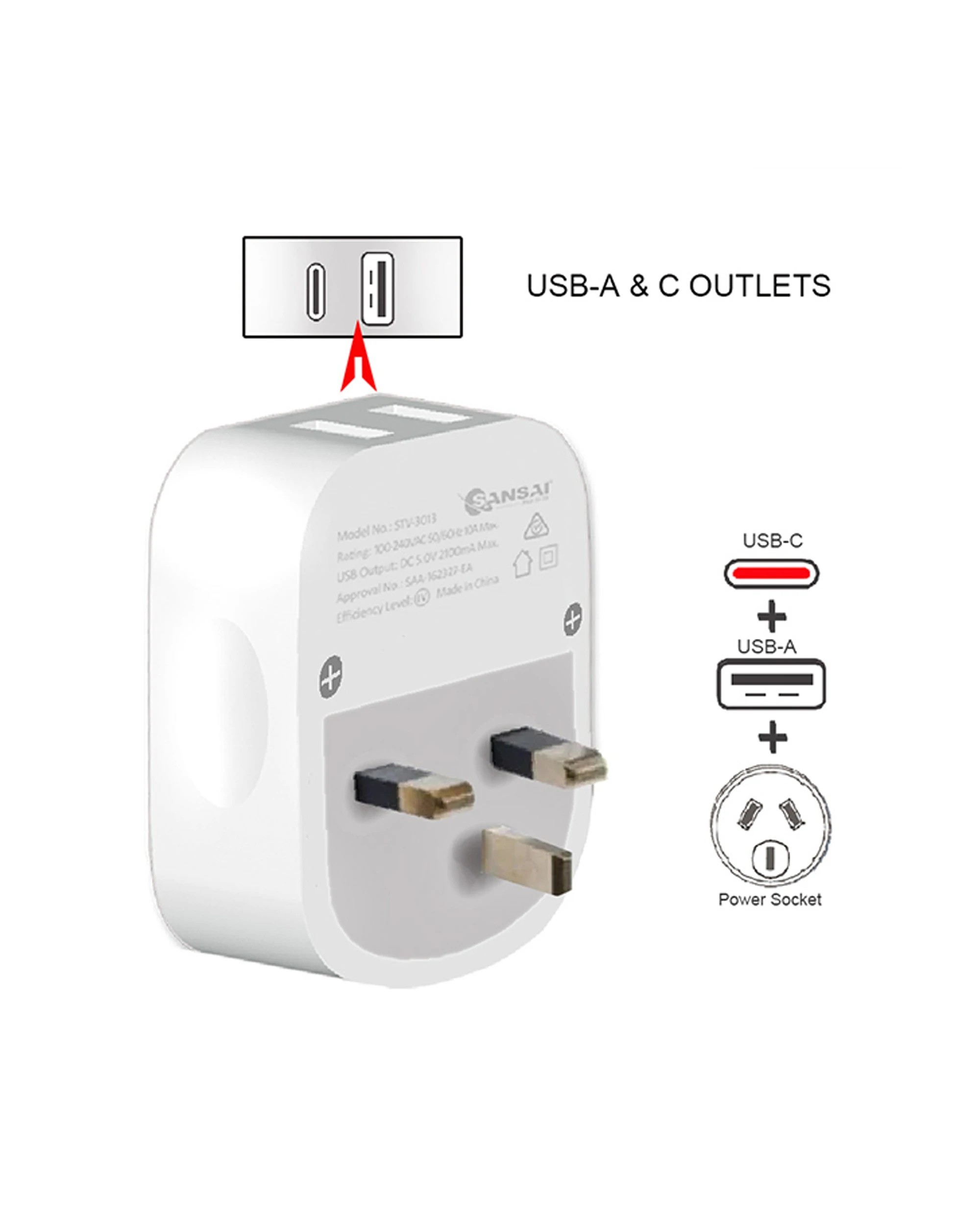 3 Sansai Surge Protected Travel Adapter with USB-C And USB-A Port AU UK Region - White, 3 of 3