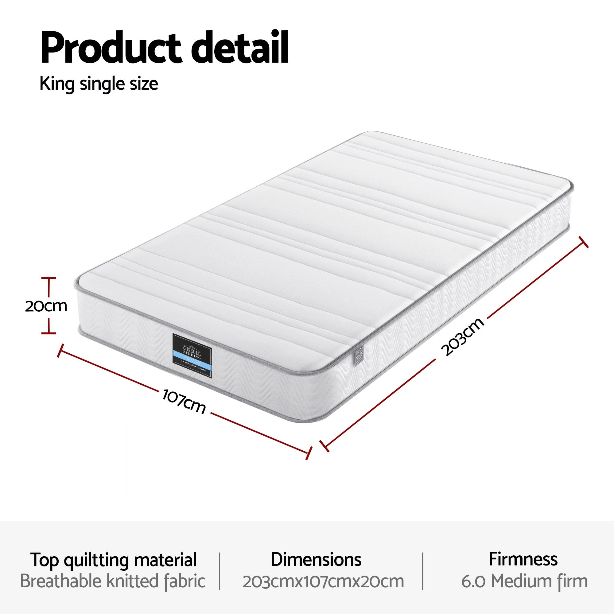 2 Giselle King Single Mattress 20cm with Reinforced Edge Support Egg-Crate - King Single Bed - White, 2 of 3