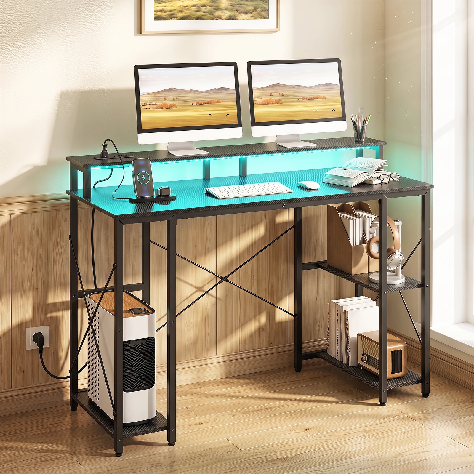 3 Costway 120cm Computer Desk w/Charging Station & LEDs Workstation Gaming Table, 3 of 5