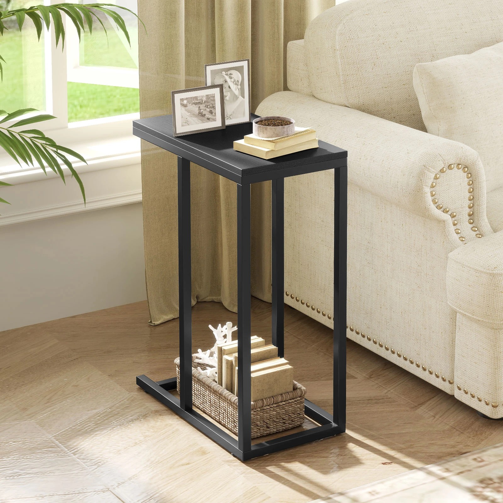 2 Costway C-Shaped Side Table Laptop Desk Sofa End Table Wood Bedside Table, 2 of 4