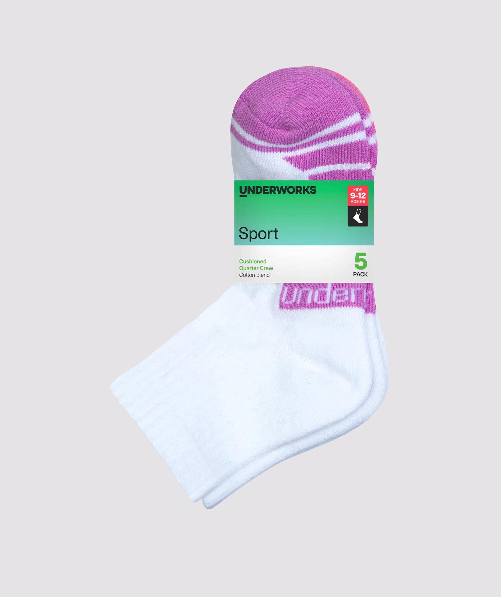 2 Kids Cushioned Sport Quarter Crew Socks 5 Pack - Underworks WHITE, 2 of 2