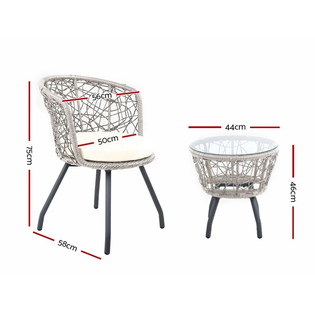 2 Gardeon 3PC Bistro Set Outdoor Furniture Rattan Table Chairs Patio Garden Cushion - Grey, 2 of 6
