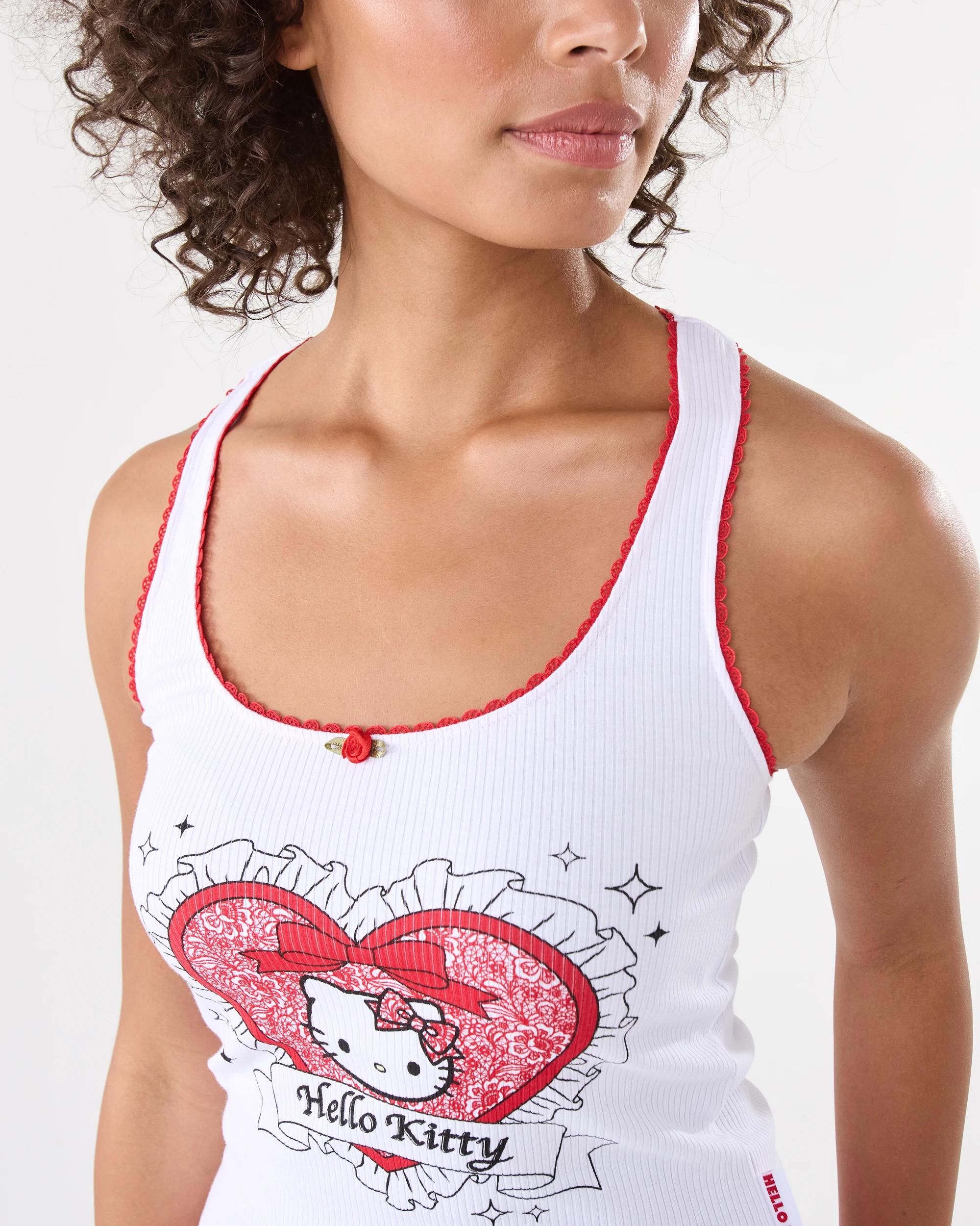 6 Hello Kitty License Sleeveless Rib Lace Trim Tank and Shorts Pyjama Set Hk Heart, 6 of 10
