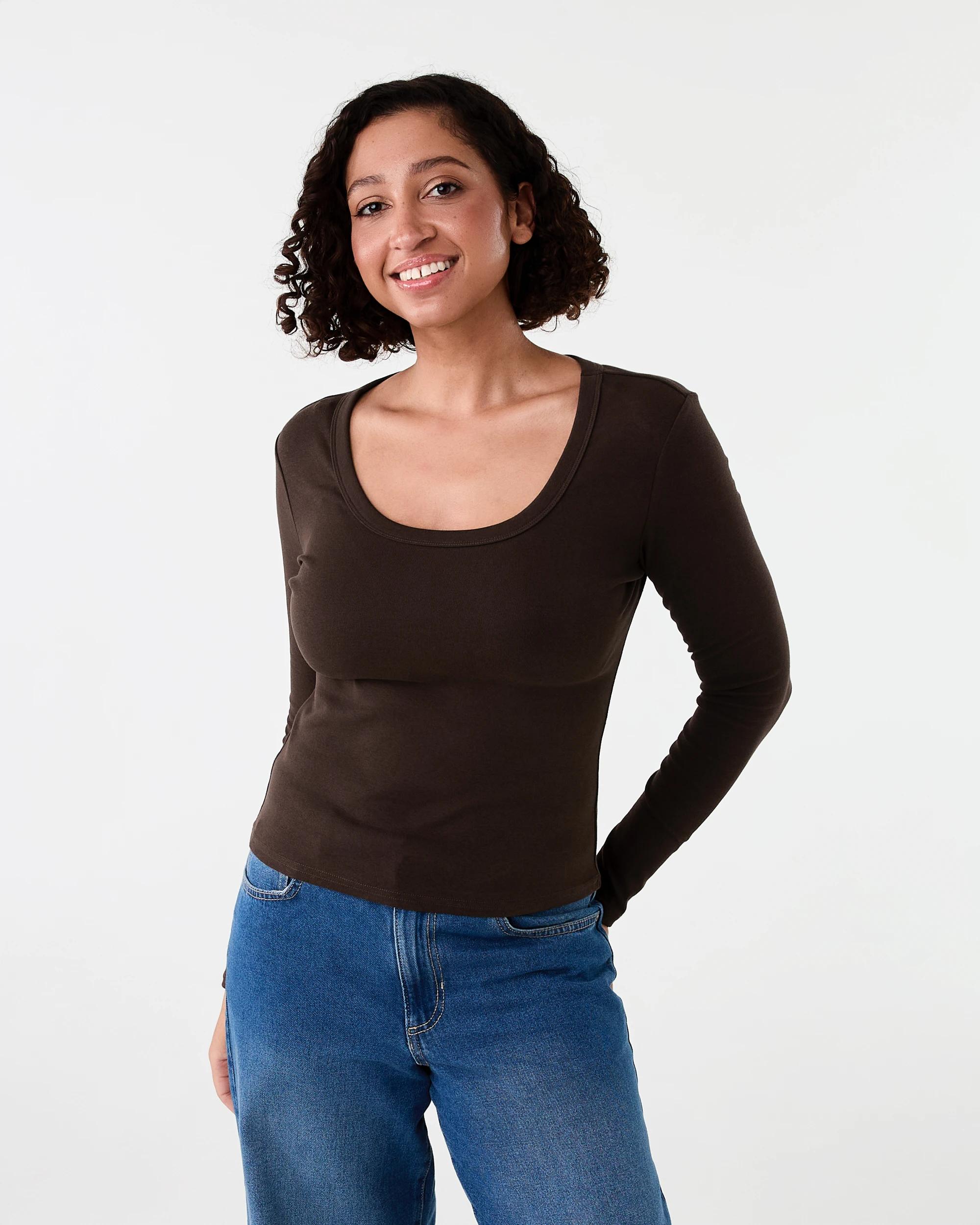 1 Long Sleeve Rib Scoop Neck T-shirt Melt Brown, 1 of 5