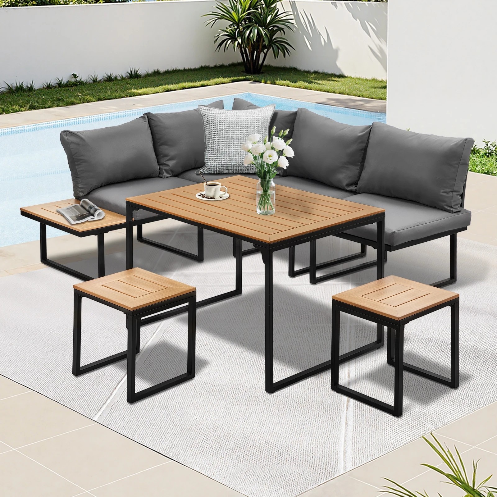 3 Livsip 6 Seater Outdoor Dining Sofa Set Lounge Furniture Patio Stool - Multi, 3 of 8