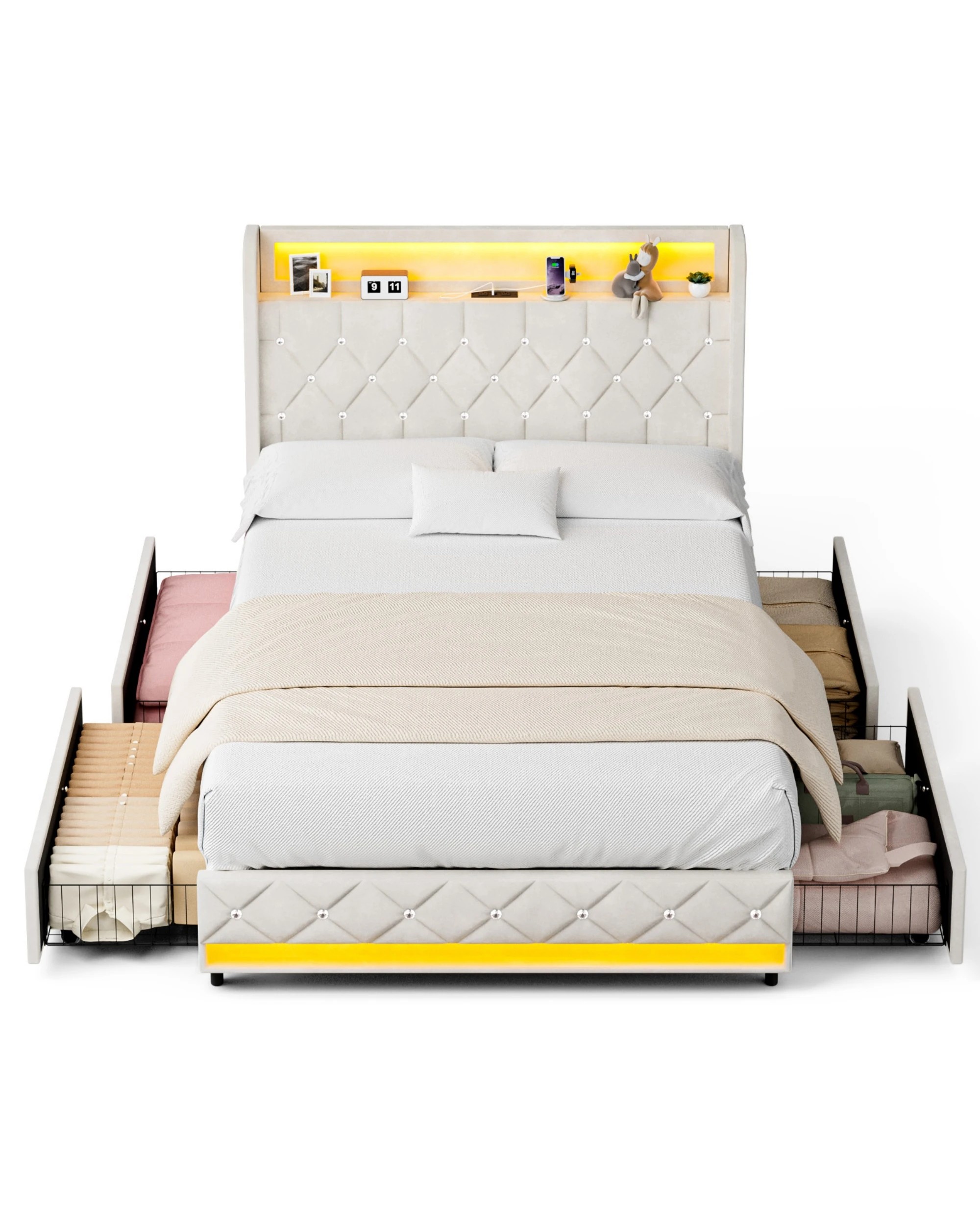 1 Advwin Double LED Bed Frame with Velvet Upholstered Headboard & Charging Station - Beige, 1 of 7