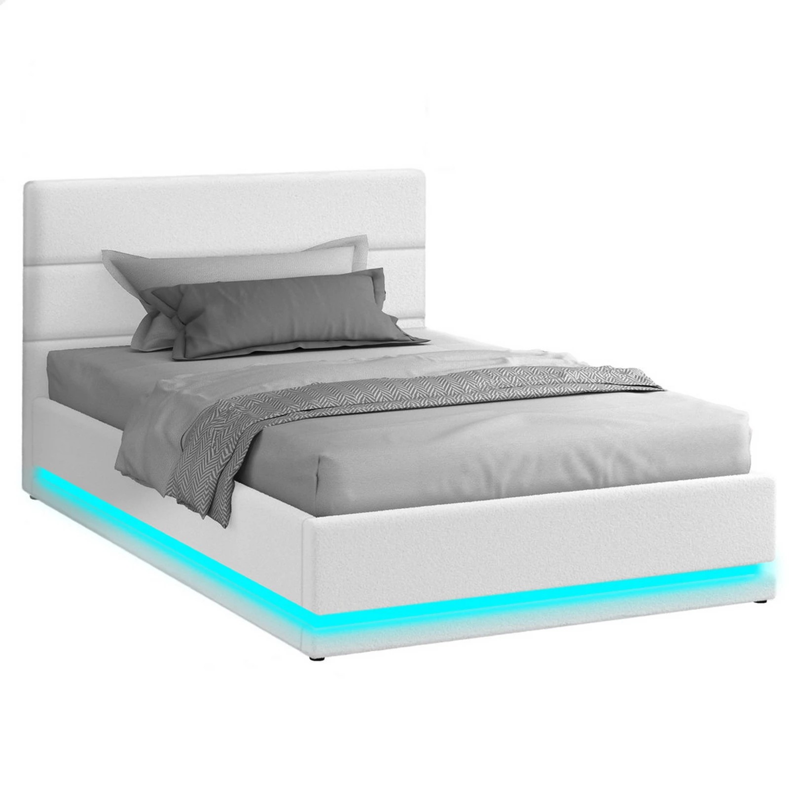 1 Alfordson Bed Frame Single Size Platform RGB LED Gas Lift Base Storage Boucle - White, 1 of 10