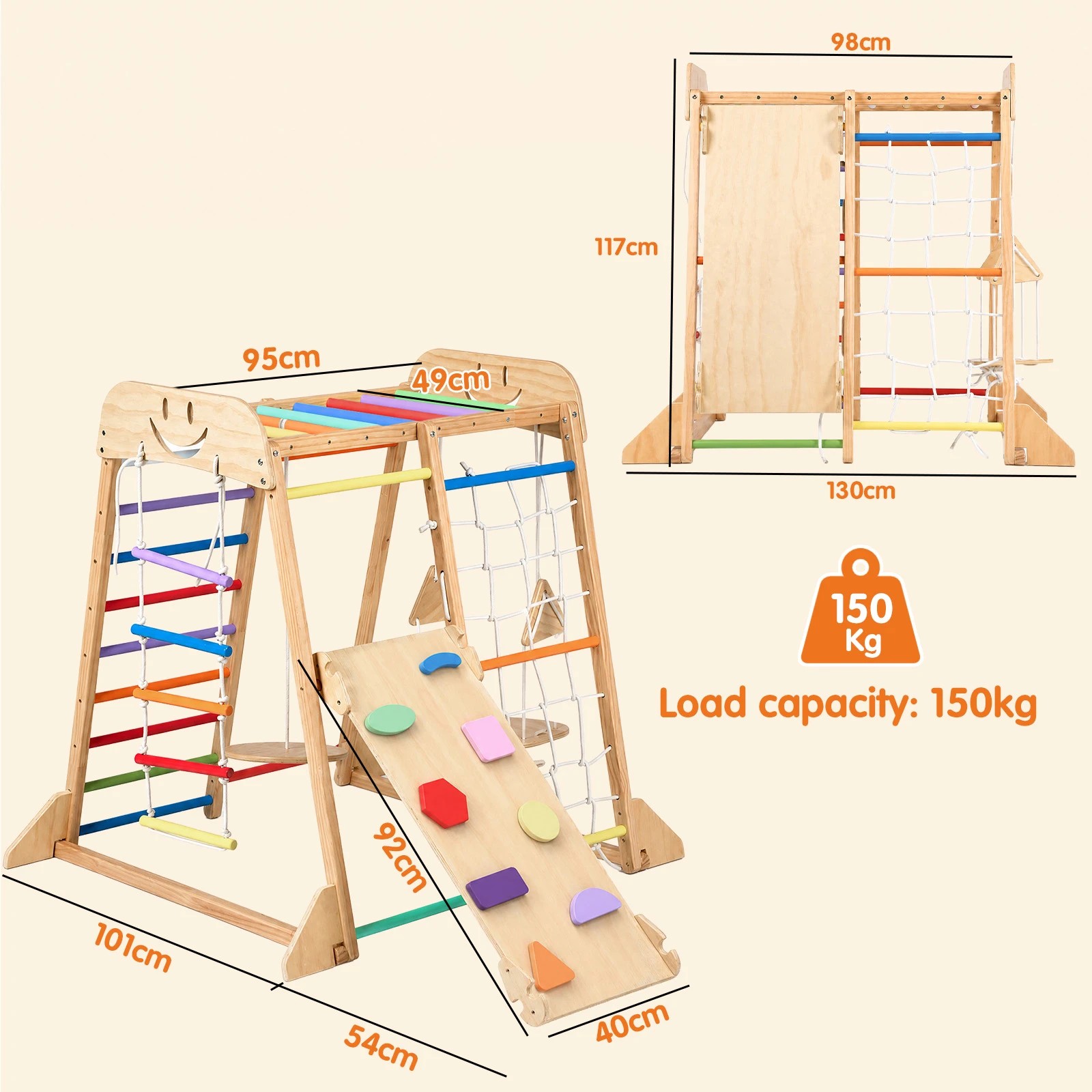 9 Advwin  Kids Climbing Frame with Slide and Swing Montessori Wooden Climbing Set with Monkey Bars and Rope Ladder - Multi, 9 of 9