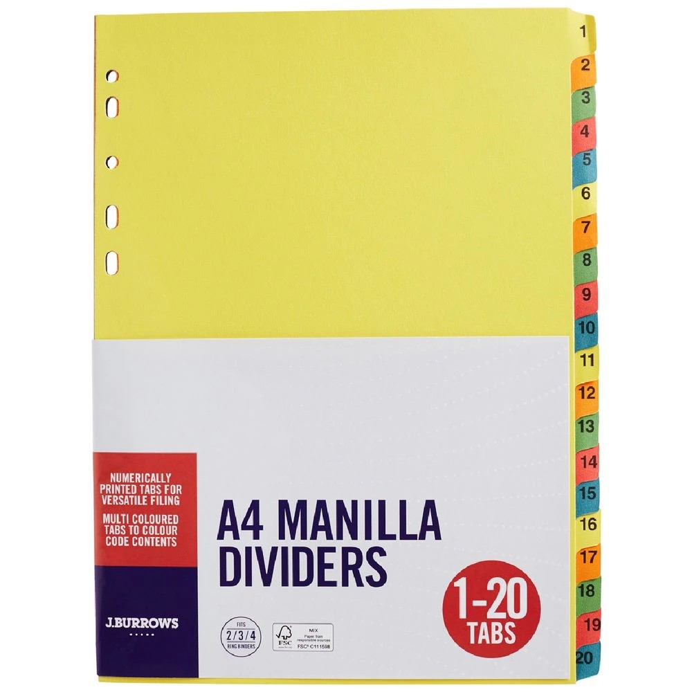 1 J.Burrows Manilla Dividers A4 1-20 Tab Assorted Colours, 1 of 3