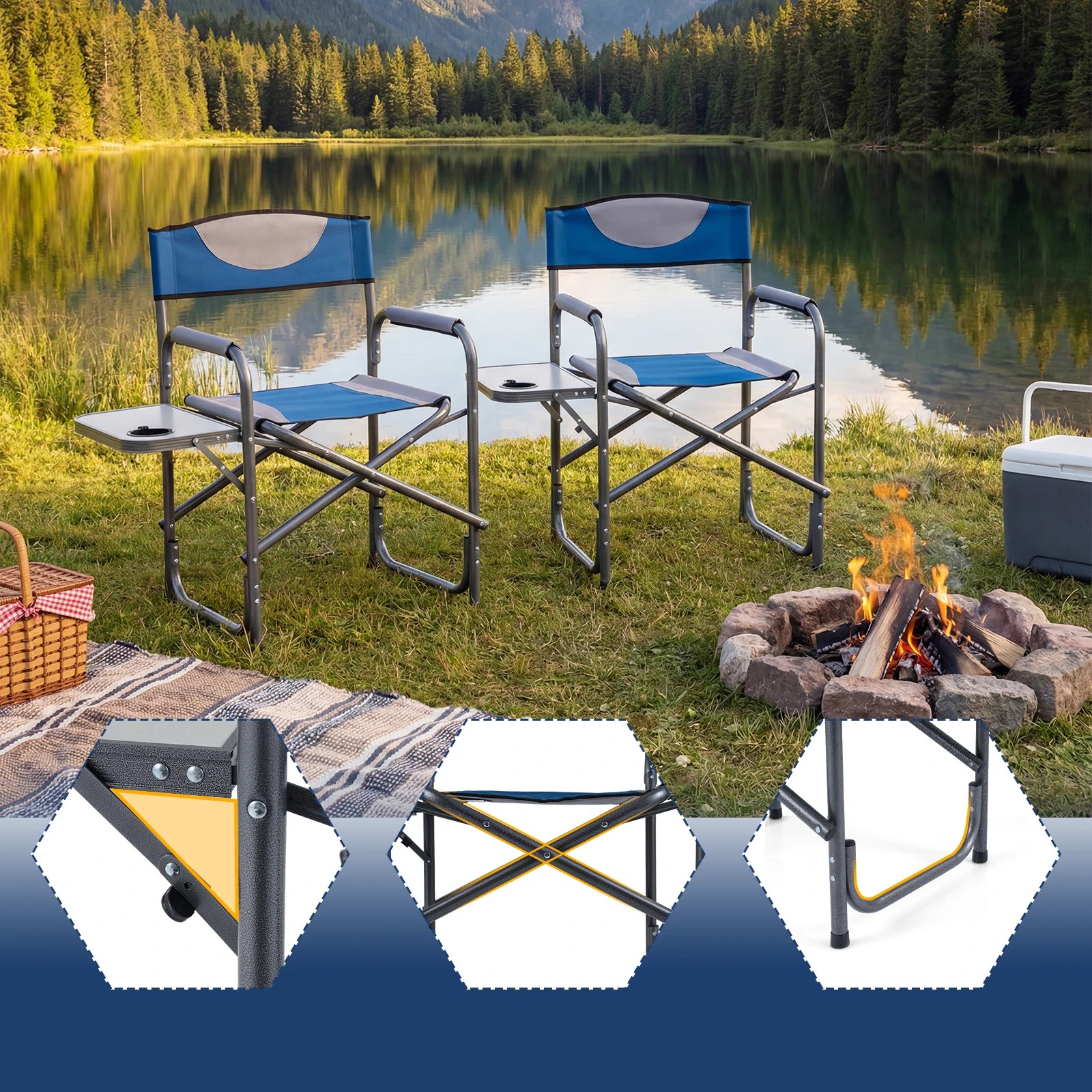 5 Costway Folding Camping Chair Portable Directors Chair Hiking Chair w/Side Table - Blue, 5 of 6
