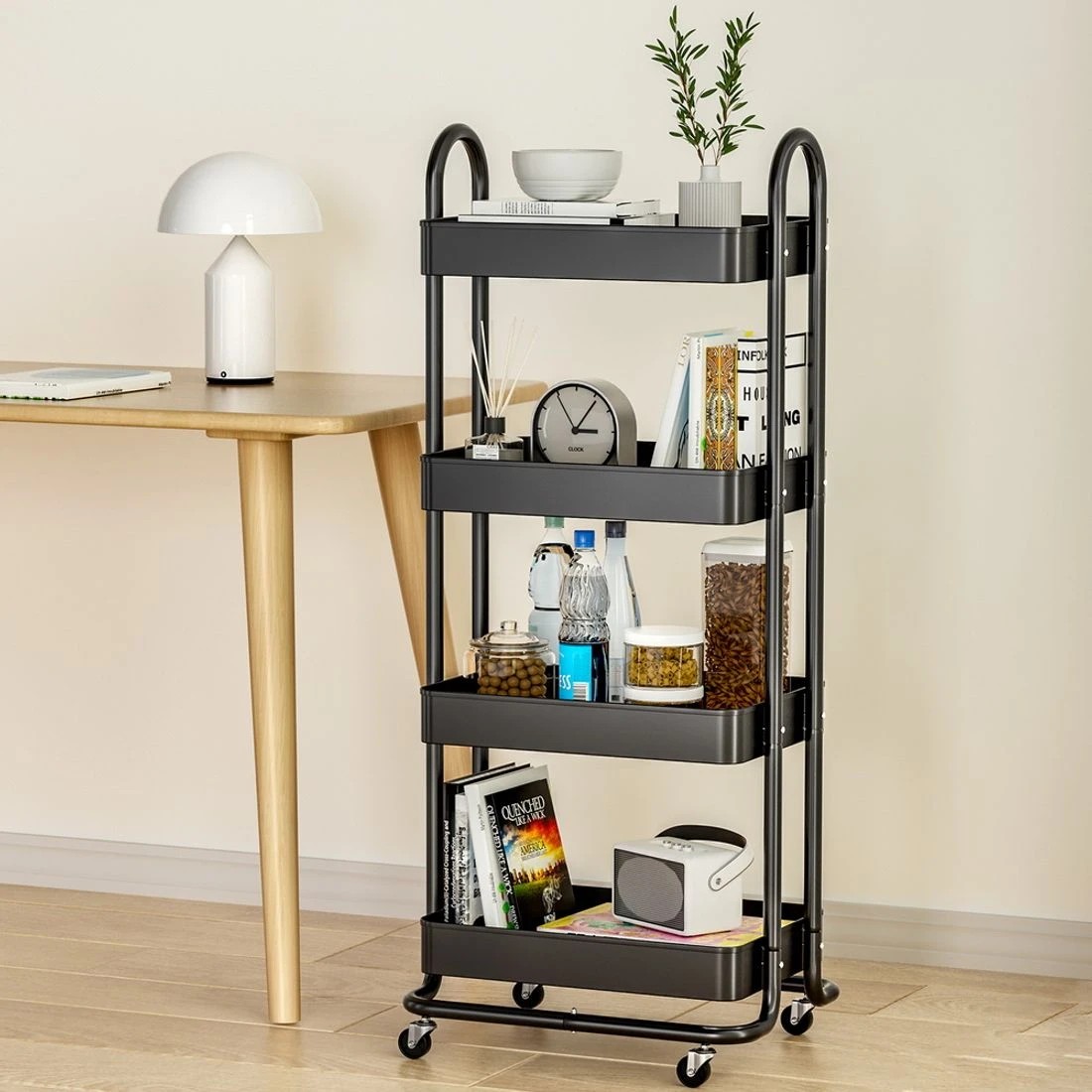 3 Artiss 4 Tier Storage Trolley Steel Frame Deep Trays Portable Rolling Cart Kitchen Craft Office Organizer Stable - black, 3 of 3