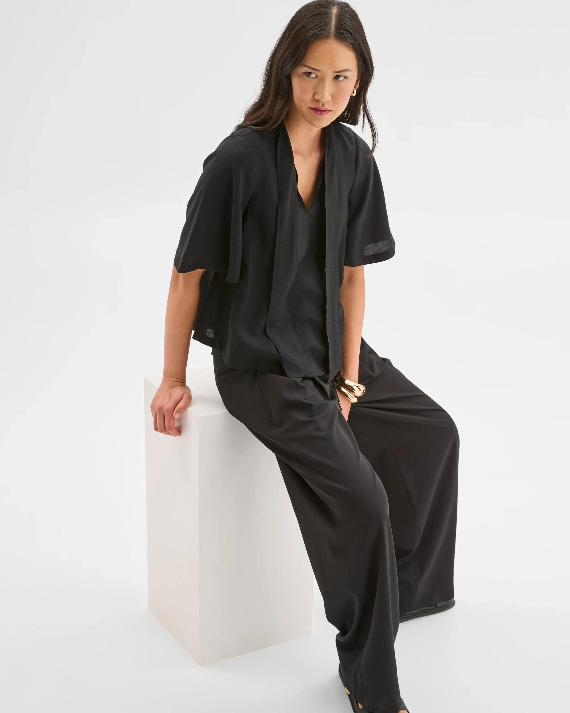 9 Preview Short Sleeve Tie Neck Blouse BLACK, 9 of 9