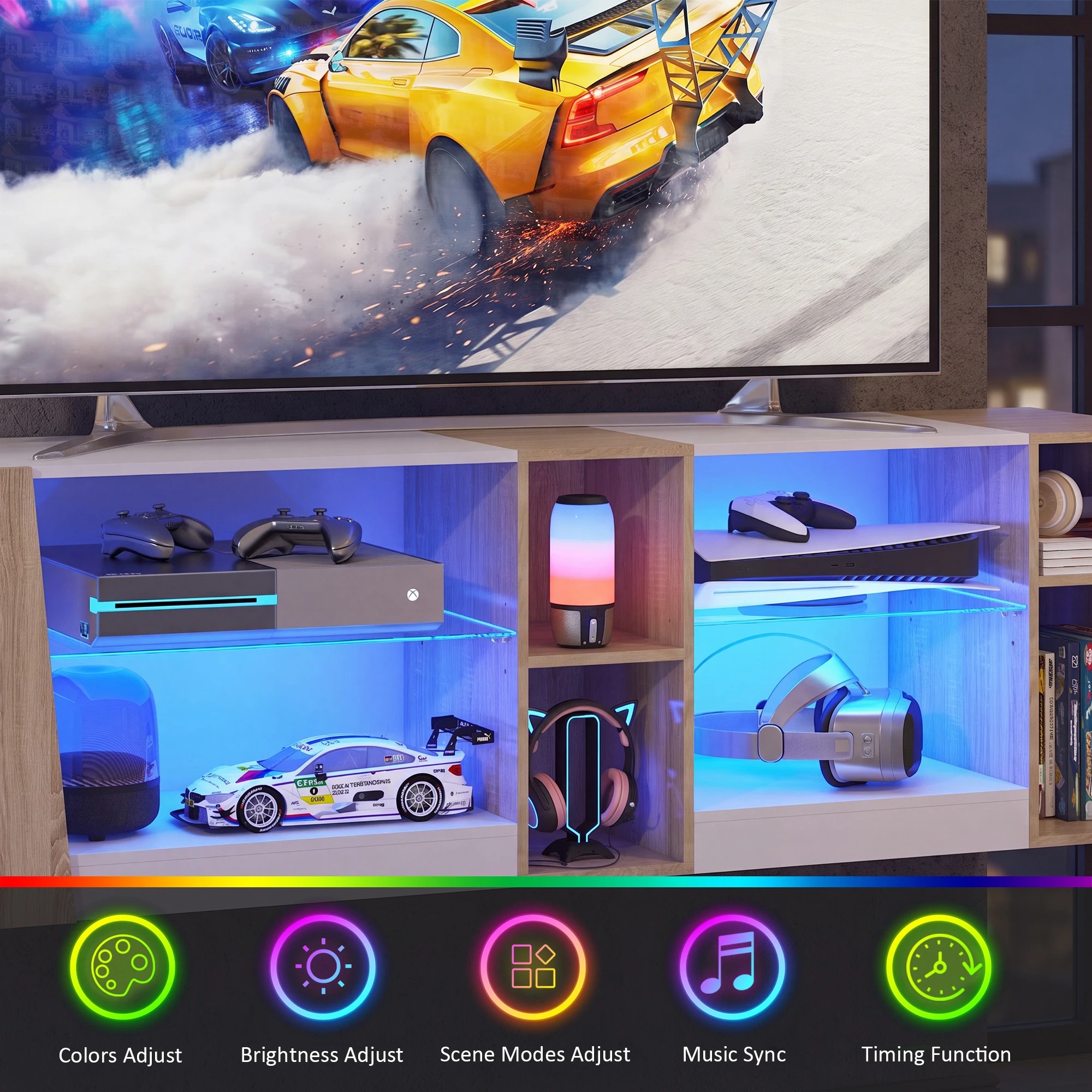 4 Advwin 160cm LED TV Unit Cabinet Gaming Entertainment Center w/ Adjustable Glass Shelves & Cabinet White, 4 of 9