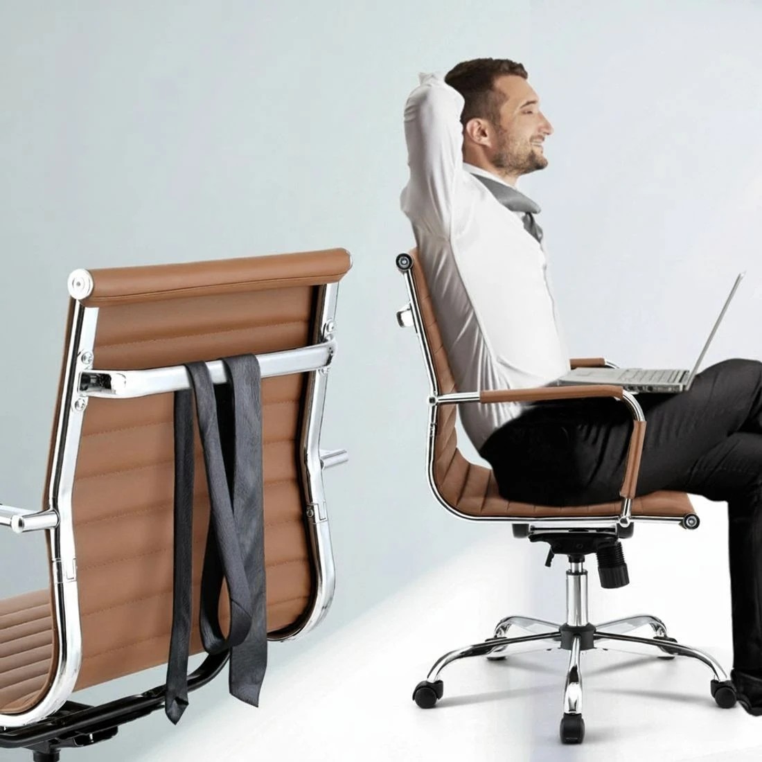 5 Artiss Office Chair Conference Chairs PU Leather Mid Back - Brown, 5 of 6