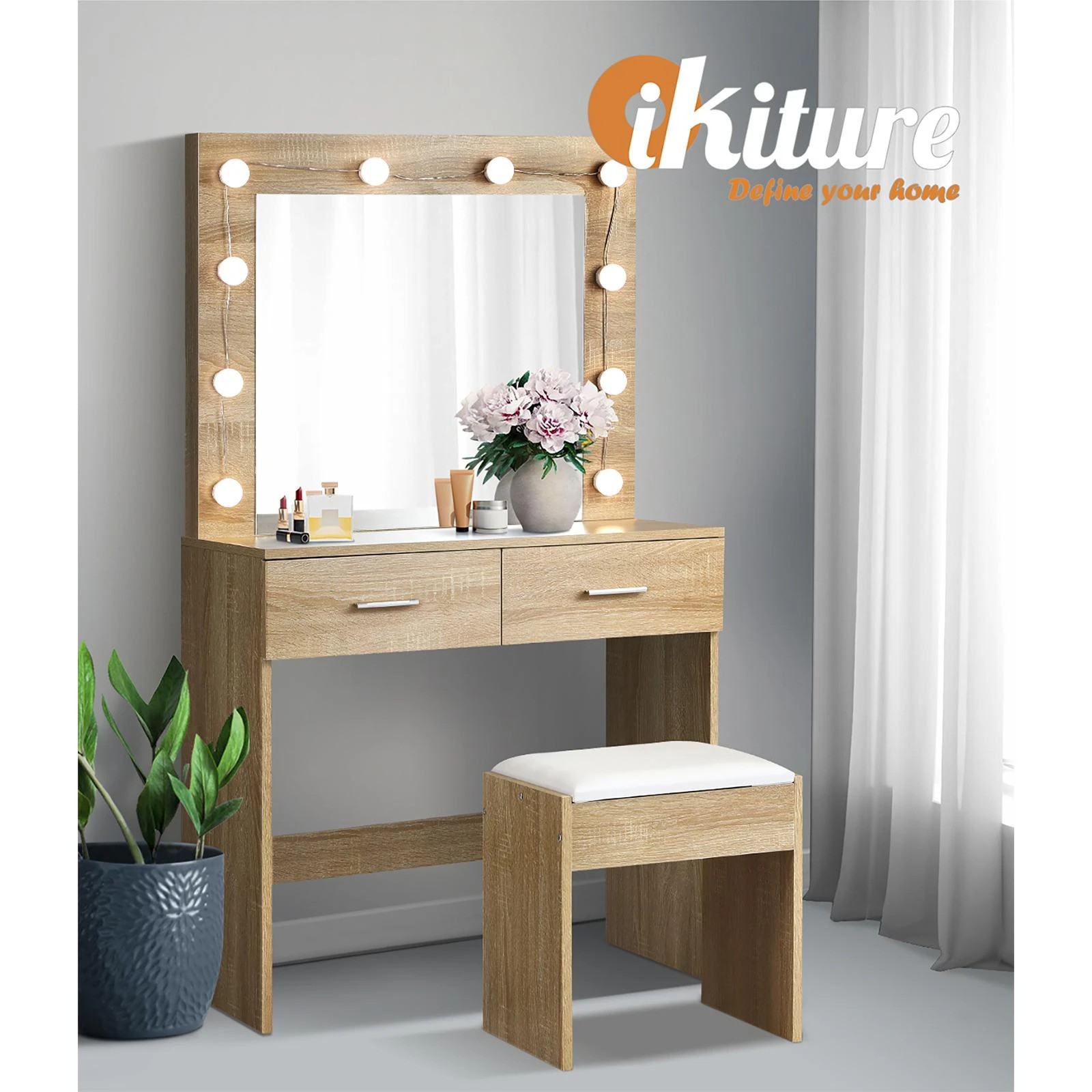 6 Oikiture Dressing Table Stool Set Makeup Mirror Storage Desk 10 Led Bulbs Wooden
 - Natural, 6 of 9