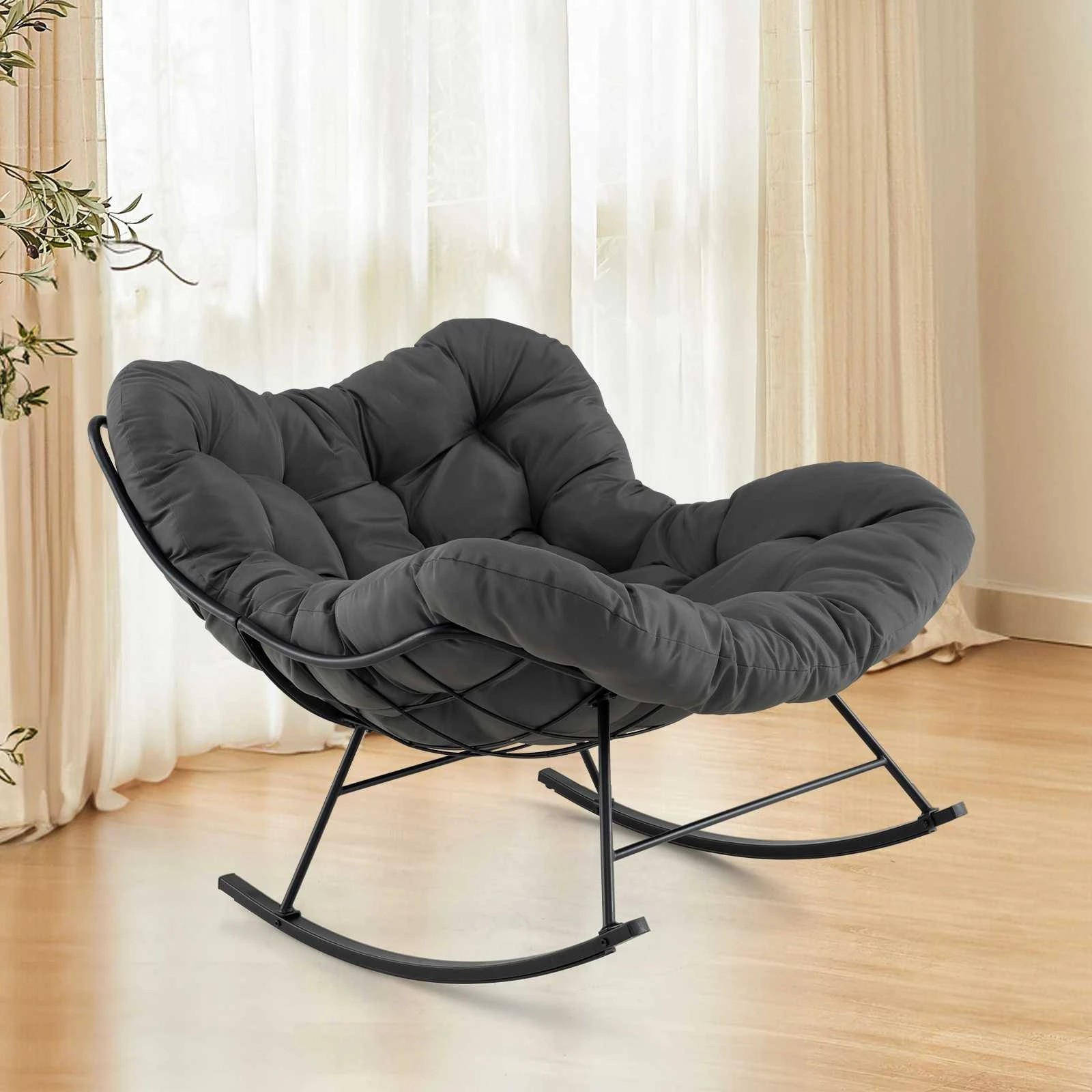 3 Costway Patio Rocking Chair Papasan Chair w/Padded Cushion Lounge Chair - Grey, 3 of 3