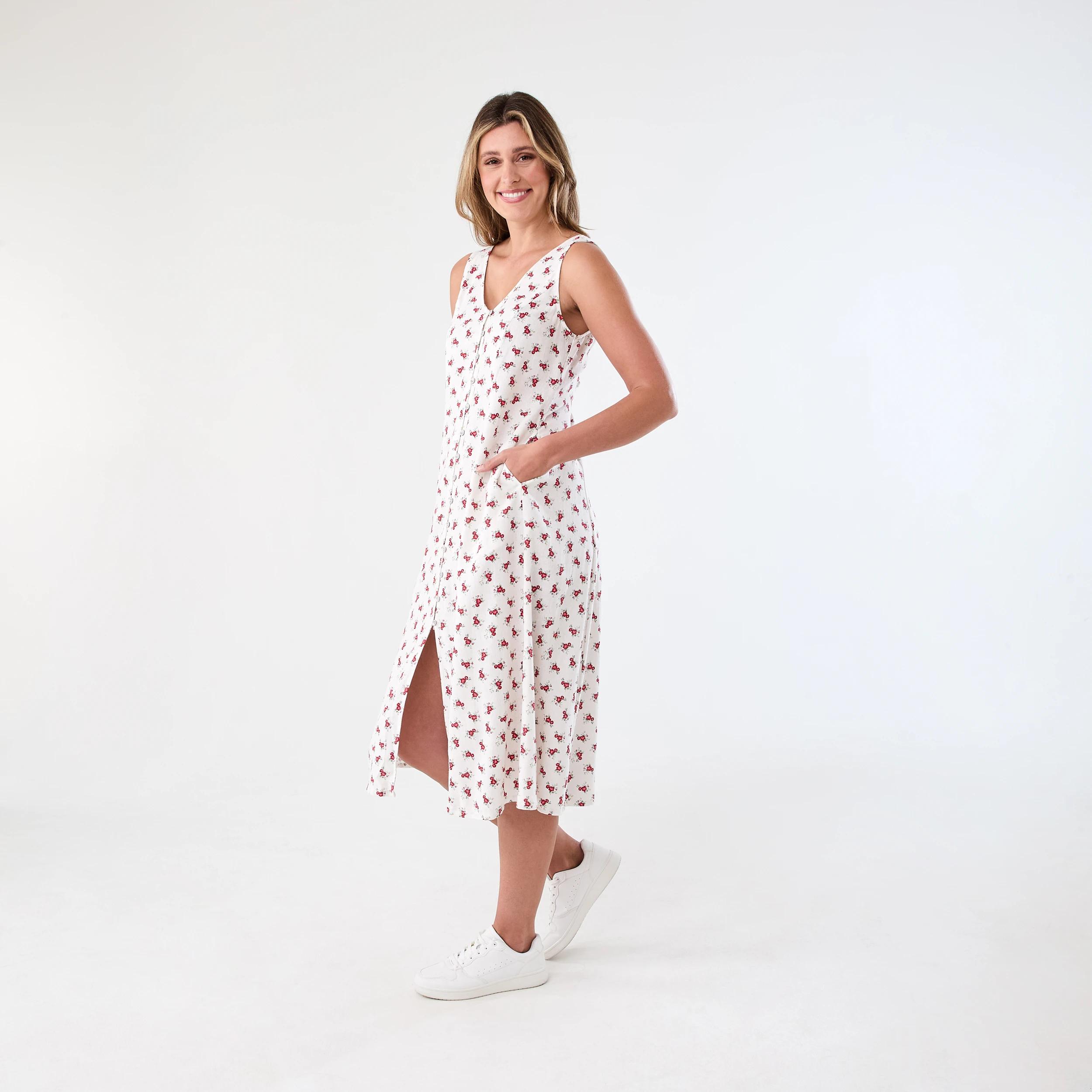 2 Sleeveless Button Front Linen Blend Midi Dress Rose Ditsy, 2 of 9