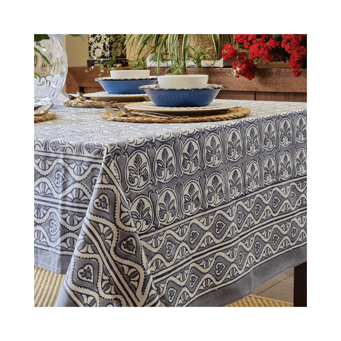2 Kolka Lotus Handle Block-Printed Simple Dining Table Tablecloth - Grey, 2 of 7