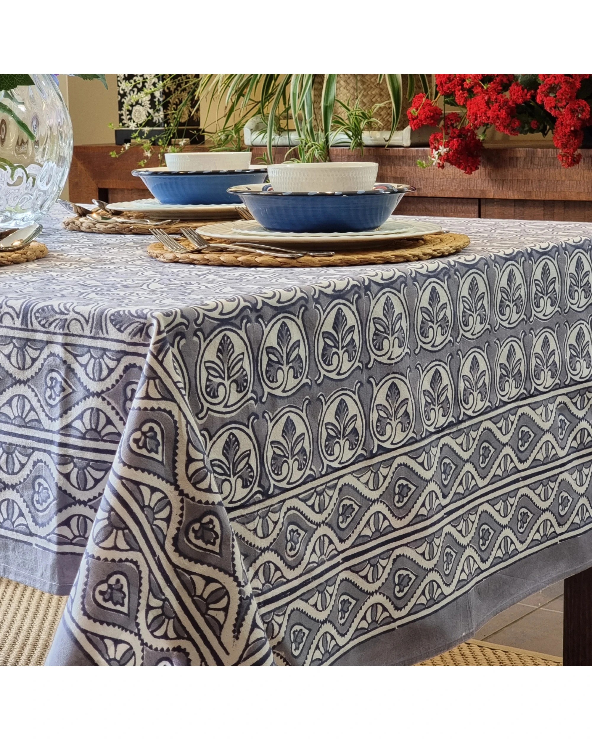 2 Kolka Lotus Handle Block-Printed Simple Dining Table Tablecloth - Grey, 2 of 6