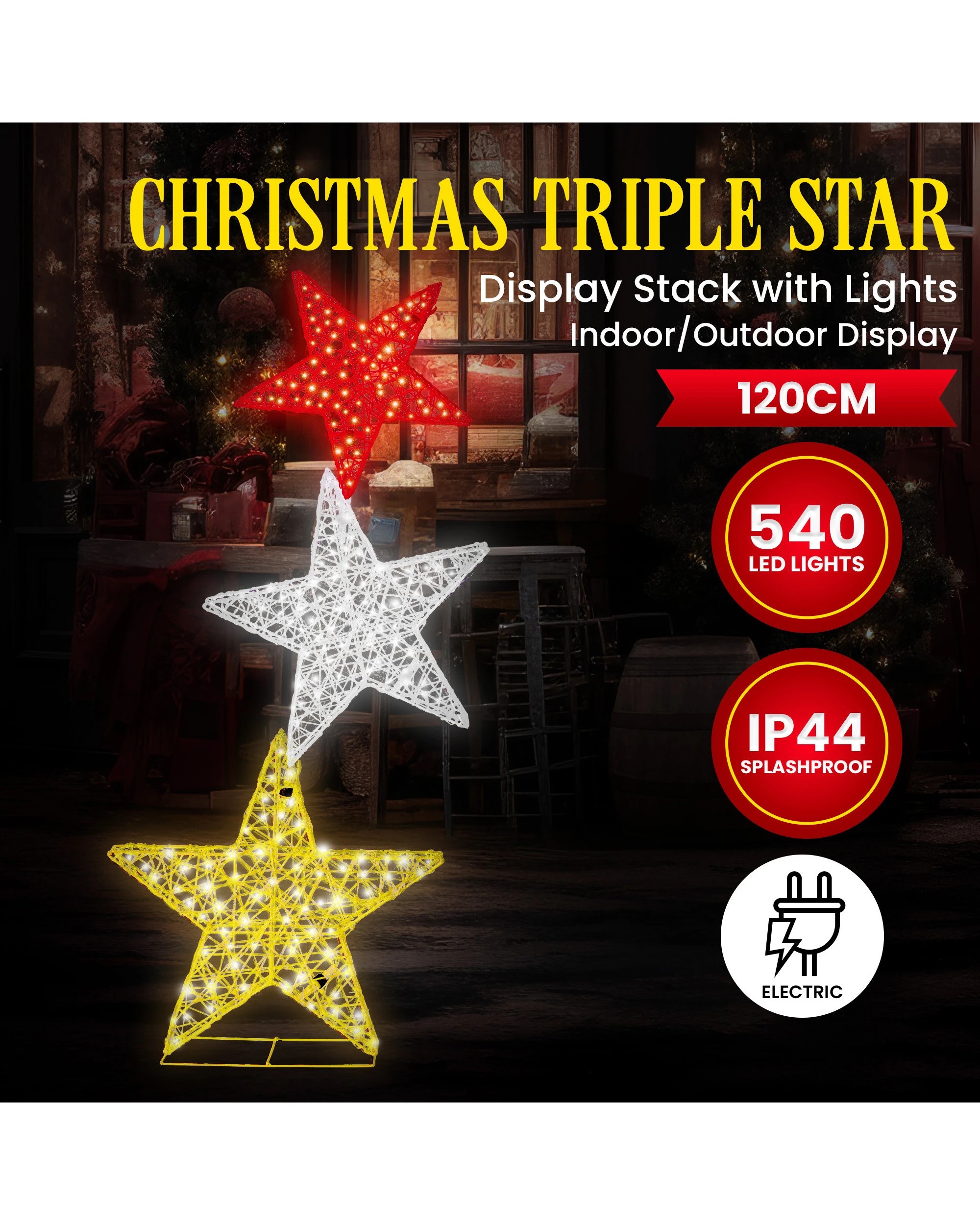 3 Christabelle 120cm Triple Star Christmas Display With Lights, 3 of 9