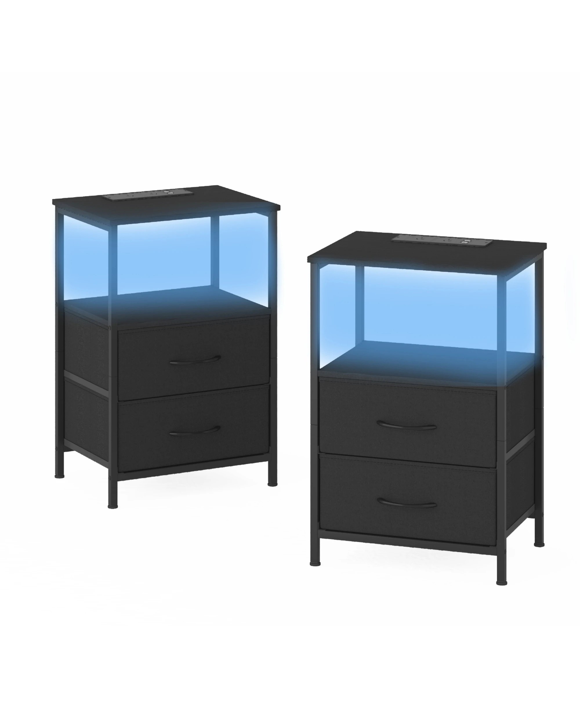 1 Advwin Led Bedside Table Set of 2 with Charging Station 2 Fabric Drawers - Black, 1 of 5