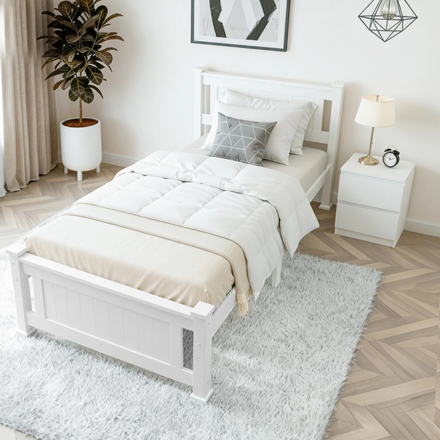 1 Artiss King Single Bed Frame and Bedside - White, 1 of 7