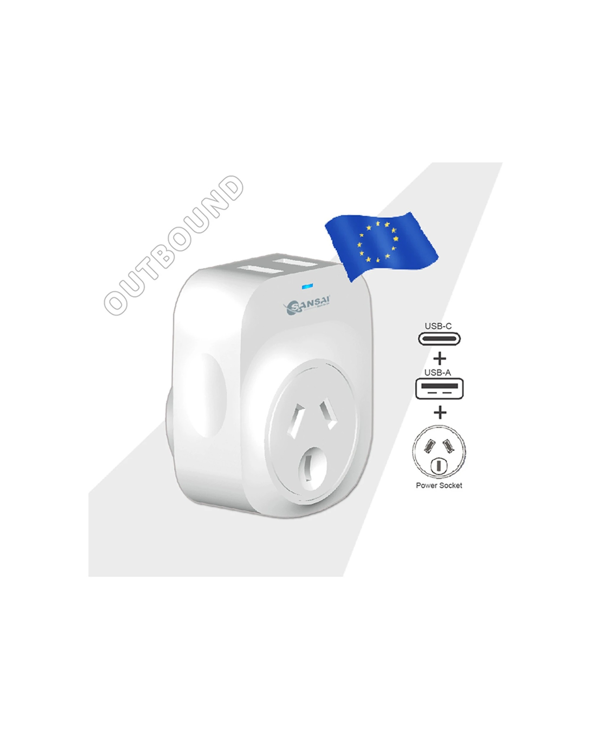 2 Sansai Surge Protected Travel Adapter with USB-C And USB-A Port AU Europe - White, 2 of 3