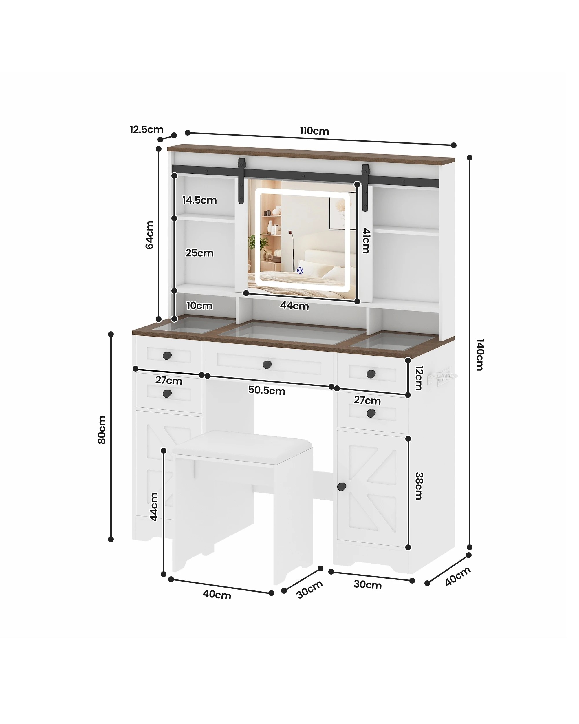 3 Advwin Farmhouse Makeup Vanity Desk with LED Mirror Glass Tabletop & Charging Station - White, 3 of 9