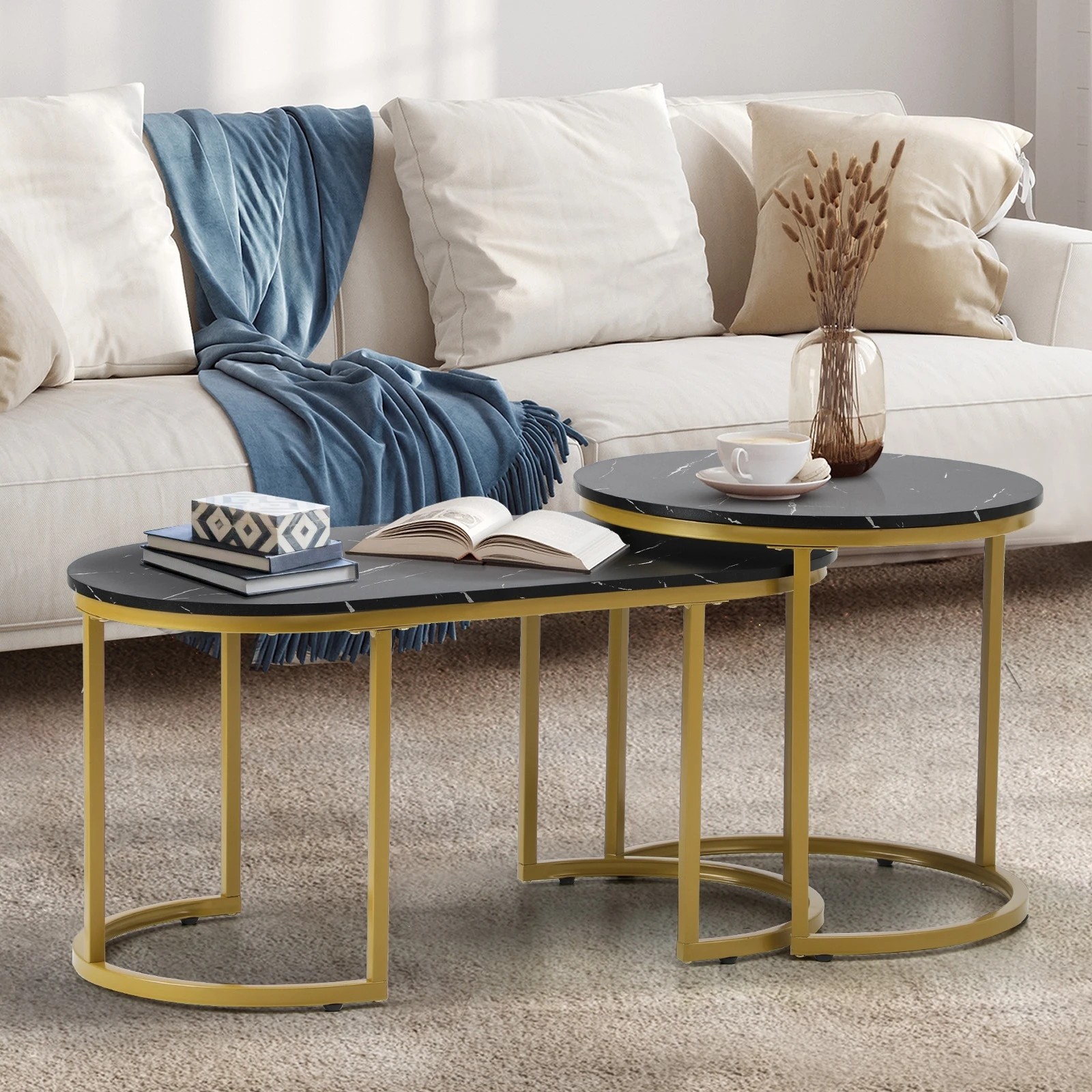 2 Oikiture Coffee Table Set Of 2 Nesting Side End Tables Marble Effect
 - Black, 2 of 9