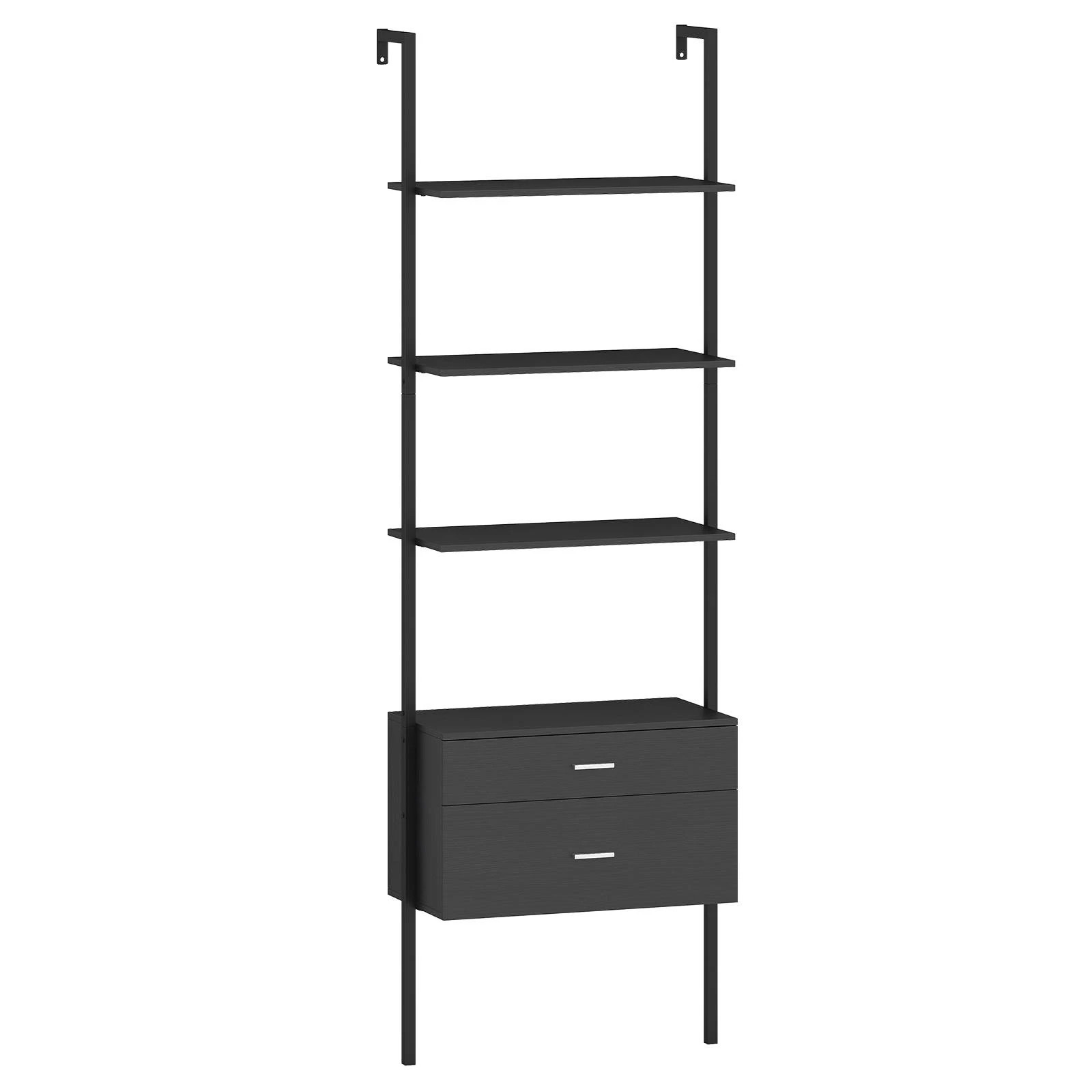 1 Costway 6-Tier Ladder Bookcase Wall-Mounted Bookshelf w/2 Drawers Modern Open Display Shelf - Black, 1 of 5