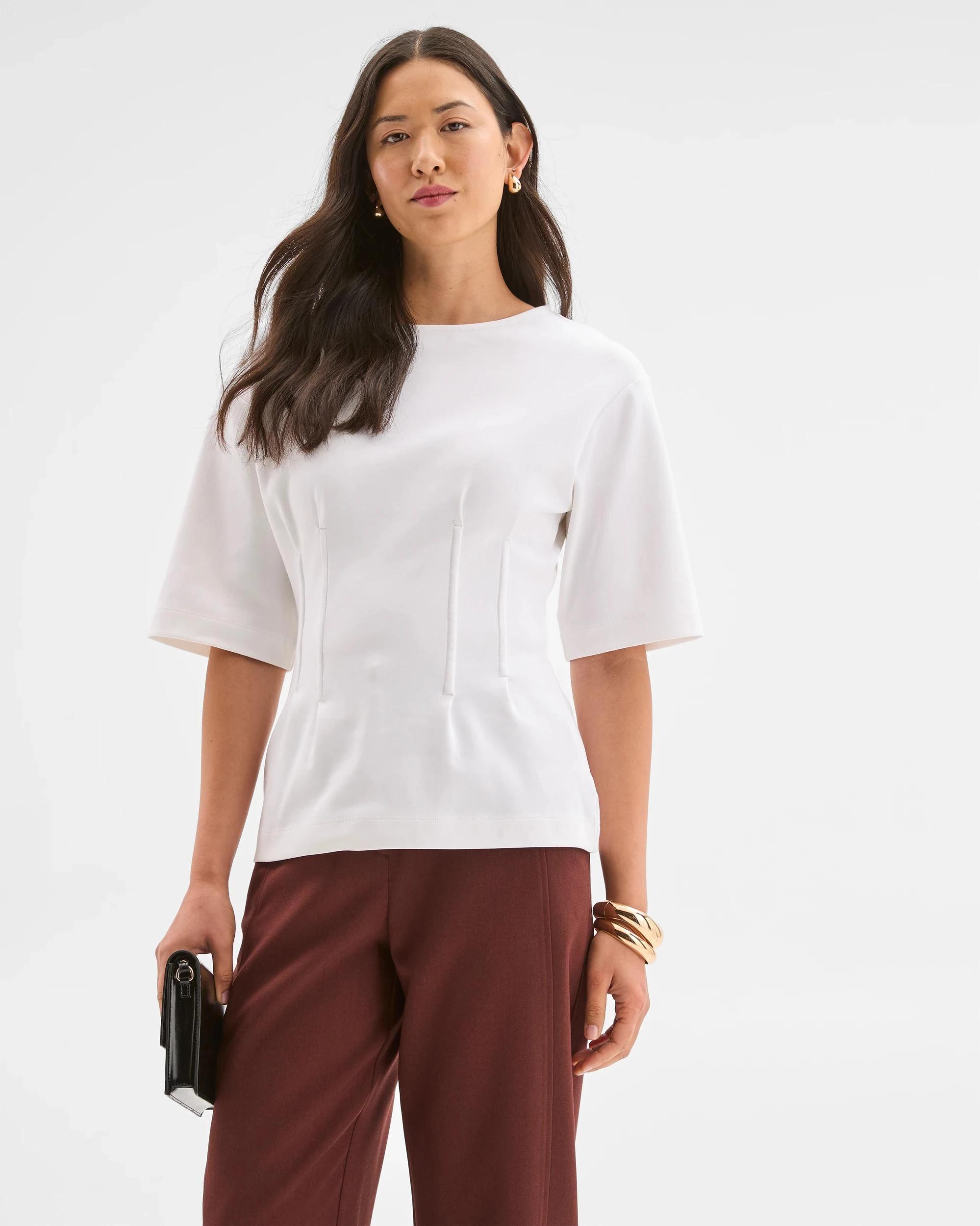 2 Preview Australian Cotton Blend Short Sleeve Knit Waisted Top CLOUD DANCER, 2 of 6